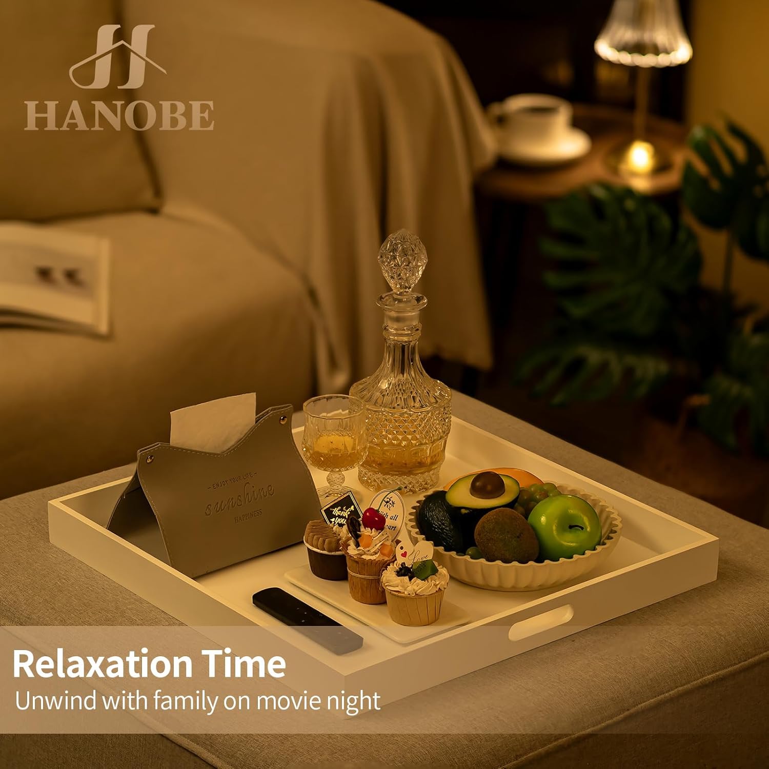 Hanobe Square Large Ottoman Tray: Modern Extra Large White Serving Decorative Trays with Cutout Handles for Living Room Coffee Table Home, 20" - Image 2