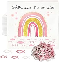 Servietten Taufe Deko,32 Servietten Konfirmation Regenbogen Fisch Rosa+60 Holz Fische Taufdeko Mädchen, 'Schön, dass du da bist!' 3-Lagig Papierservietten Kommunion Tischdeko 33x33cm