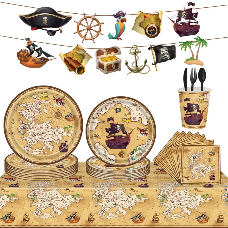 TOYBY 82 Pieces Pirate Party Tableware Set, Pirate Theme Party Supplies Set with Banner, Tablecloth, Plates, Napkins and Tableware for Treasure Pirate Theme Birthday Party Decoration for 10 Guests