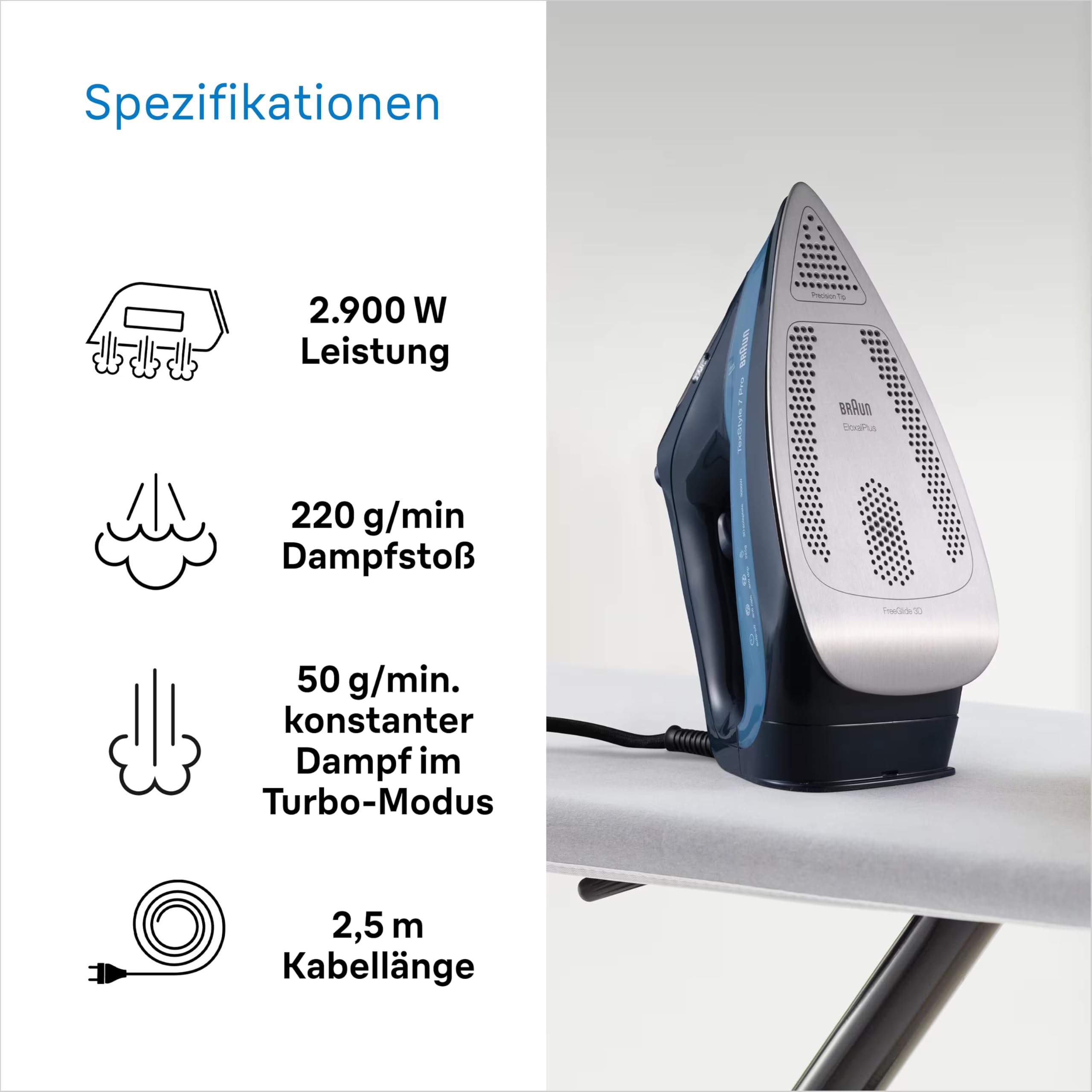Braun TexStyle 7 Pro Dampfbügeleisen SI 7160 BL - Bügeleisen mit Freeglide 3D Bügelsohle, Vertikaldampf, 3000 Watt, Blau