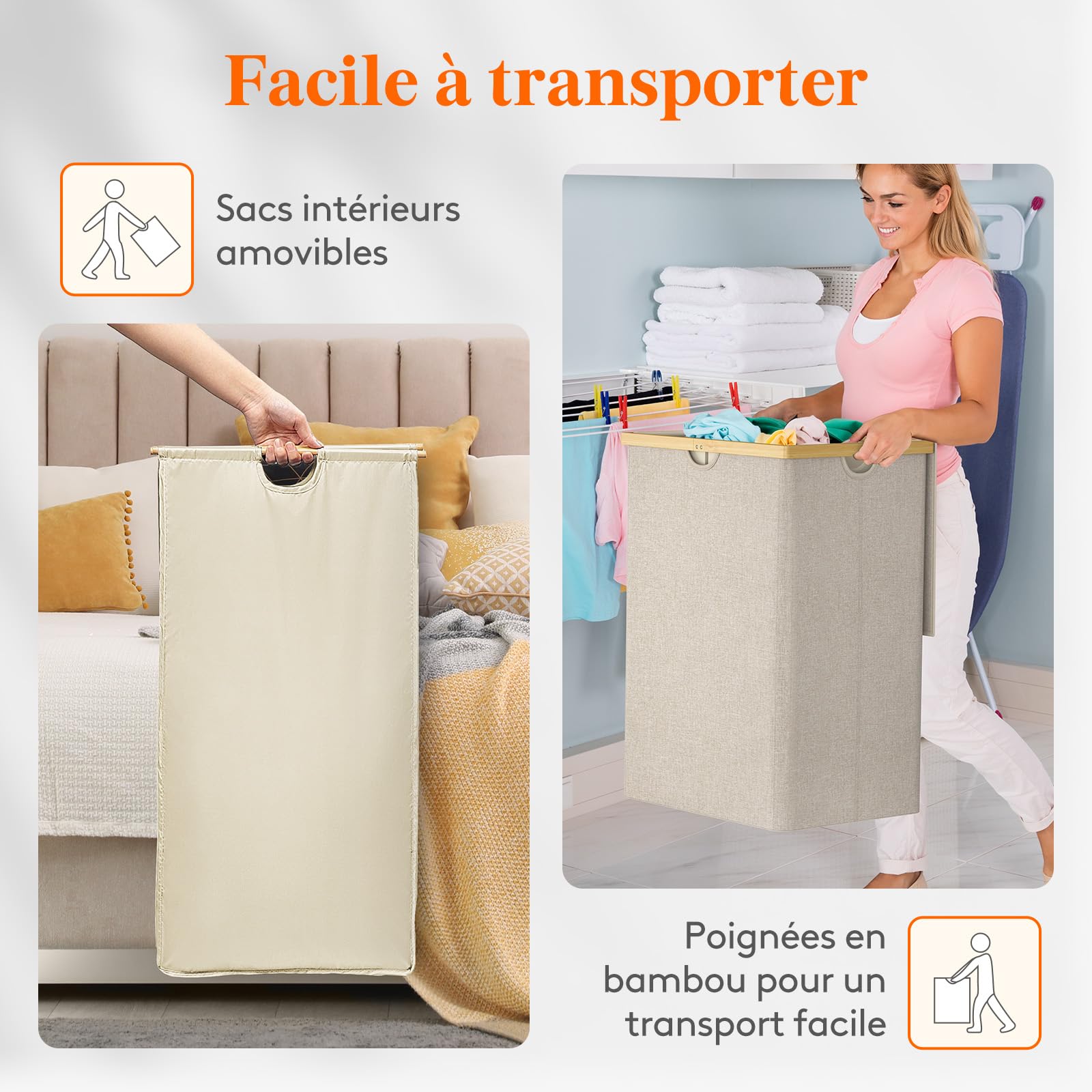 Lifewit Panier a Linge en Bambou, Corbeille a Linge Pliable avec Couvercle, Grand Bac a Linge avec Sacs Amovibles pour Chambre, Salle de Bain, Buanderie, 160 L, Beige
