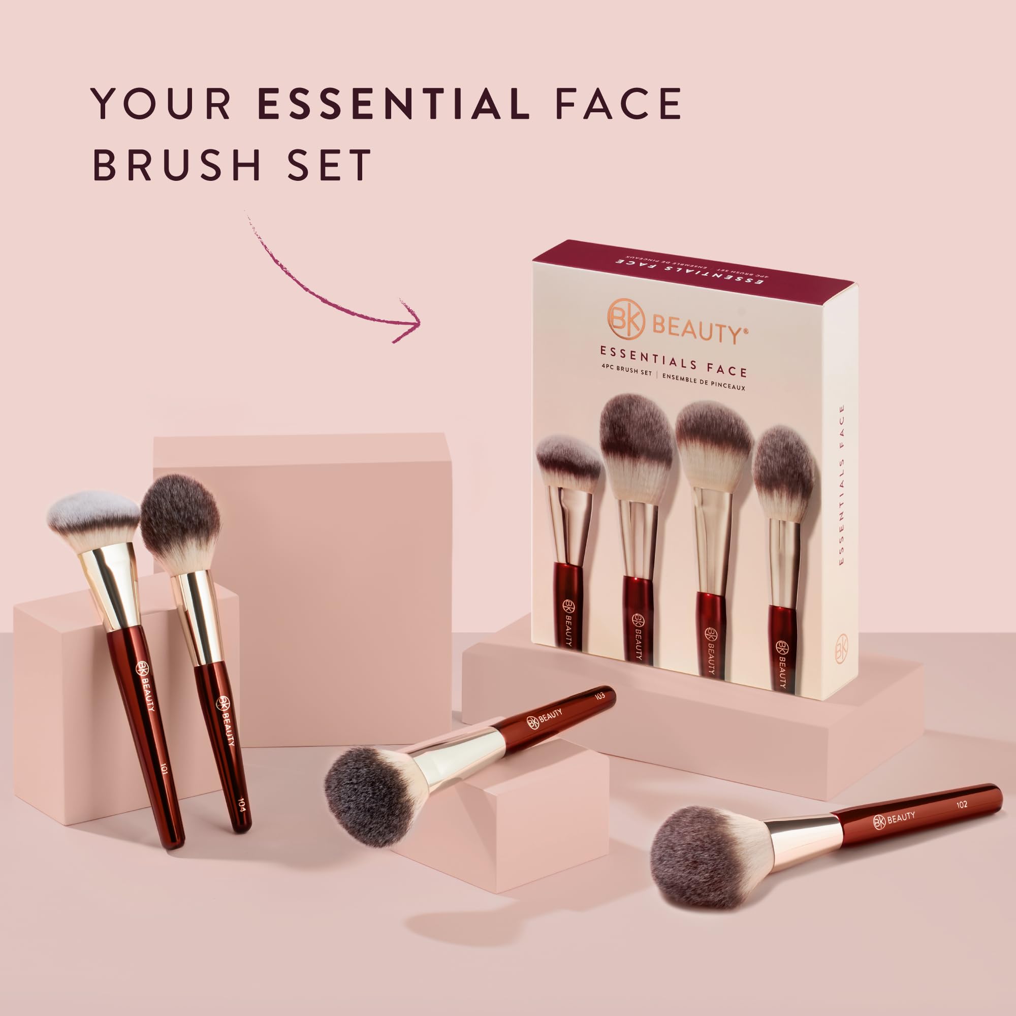 BK BEAUTY Essentials - Juego de brochas de maquillaje (4 unidades), 100% libres de crueldad, veganas, suaves, con 4 brochas faciales