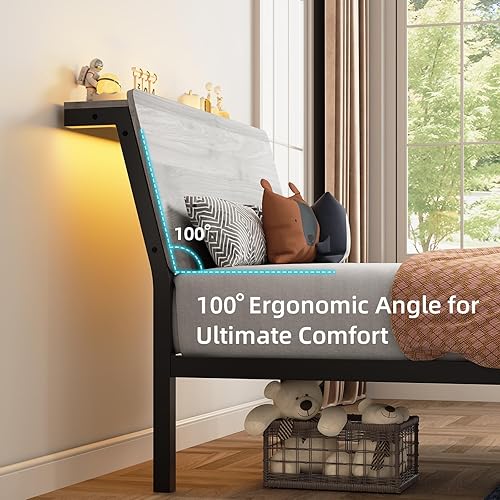 Miniatura 4 de Base de cama individual con cabecera de almacenamiento, marco de cama de plataforma de metal con luces LED, diseño ergonómico, listones de metal