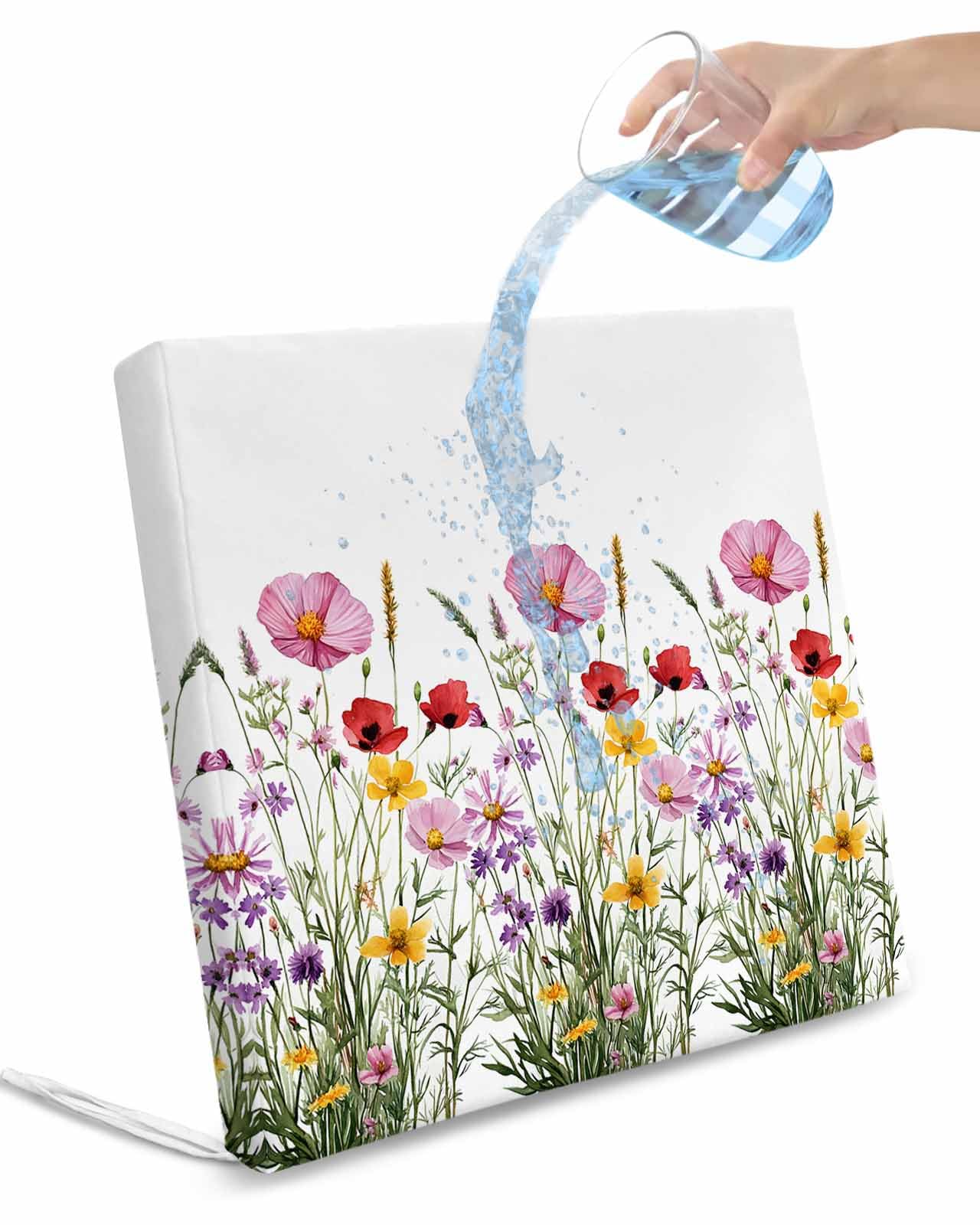 2 Pack Botanical Flowers Waterproof Cushion Covers with Ties, Outdoor Patio Chaise Lounge Chair Seat Cushion Slip Covers Replacement(Only Cover) Spring Budding Wild Floral Herbs 22