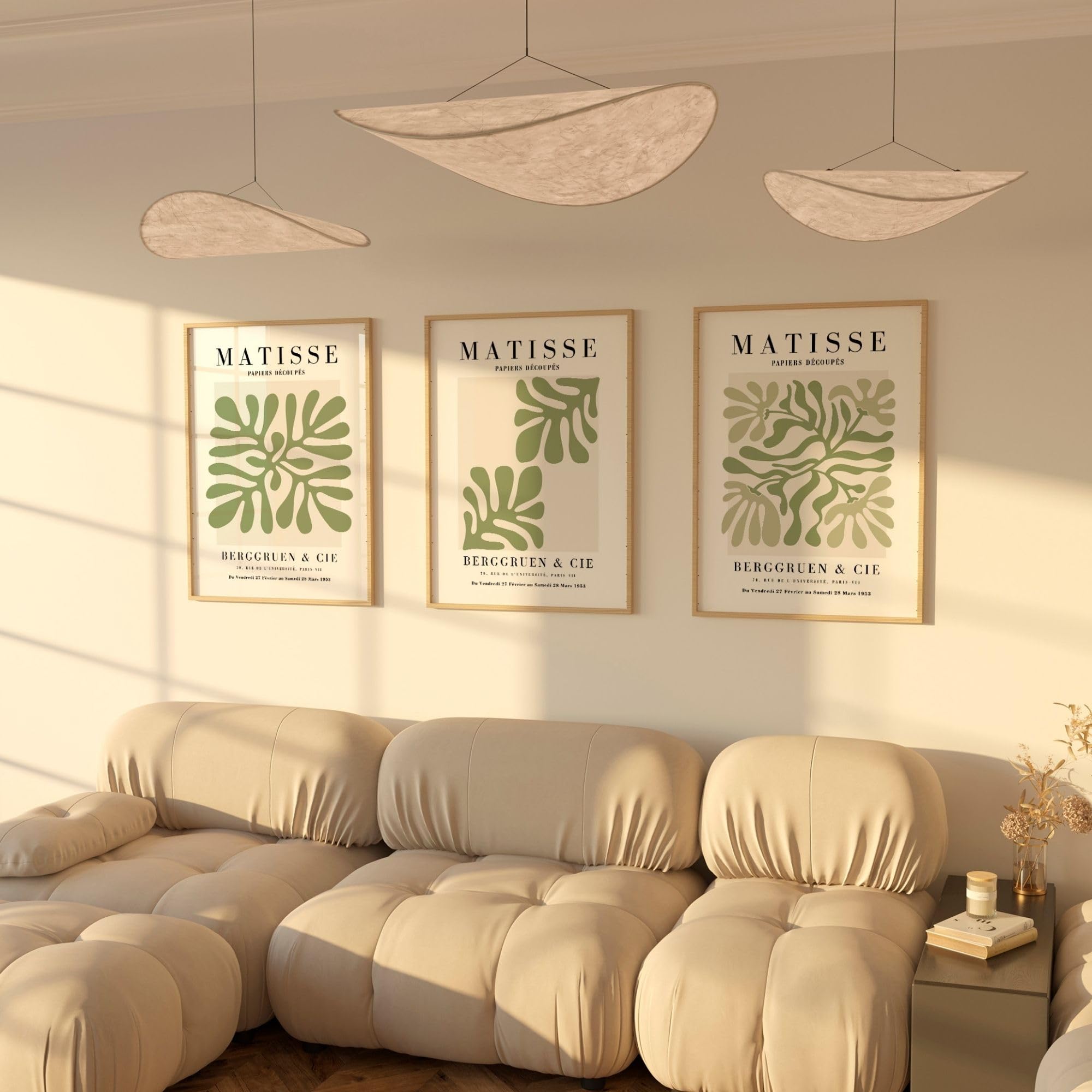 Lot de 3 affiches, vert et beige, style Matisse, sans cadre (30 x 40 cm)