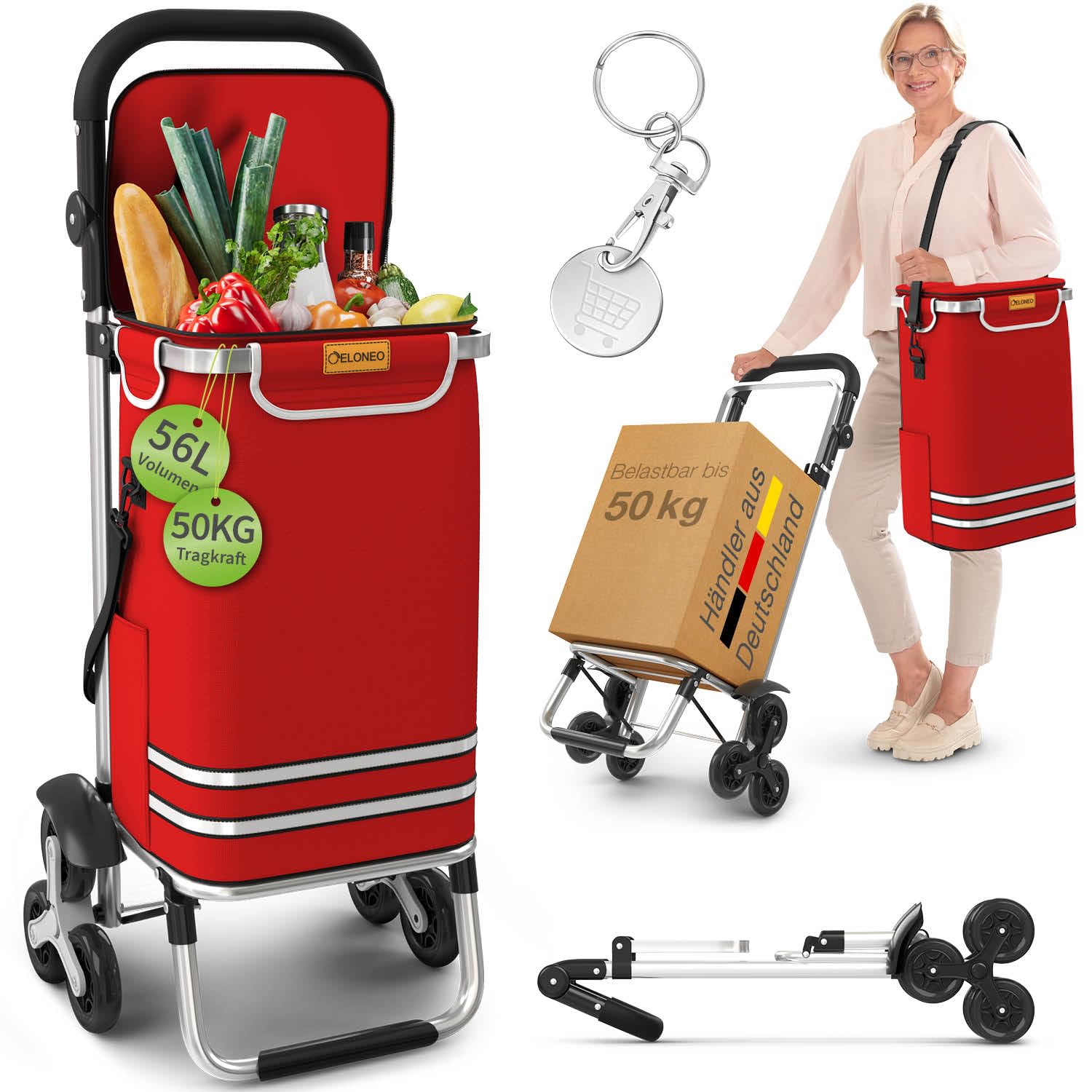 ELONEO Einkaufstrolley Treppensteiger mit Kühlfach, Einkaufsroller klappbar, Shopping Trolley höhenverstellbar, Reflektoren, abnehmbare Tasche 56 L, Hackenporsche (Treppensteiger-Trolley, Rot)
