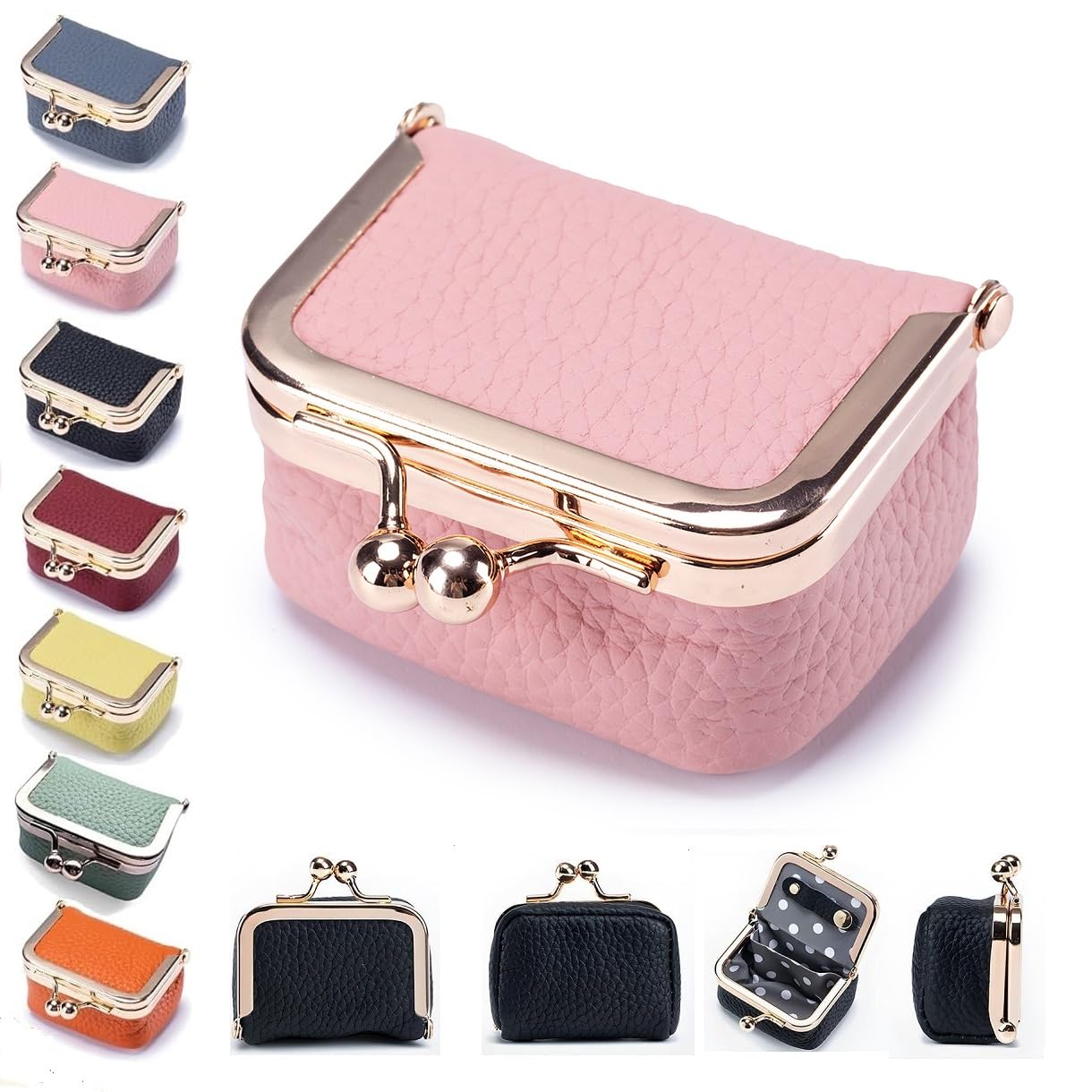 BVOPZNOI Genuine Leather Mini Jewelry Box - Vintage-Inspired Portable Travel Case with Kiss Lock for Earrings, Rings & Necklaces (Pink)