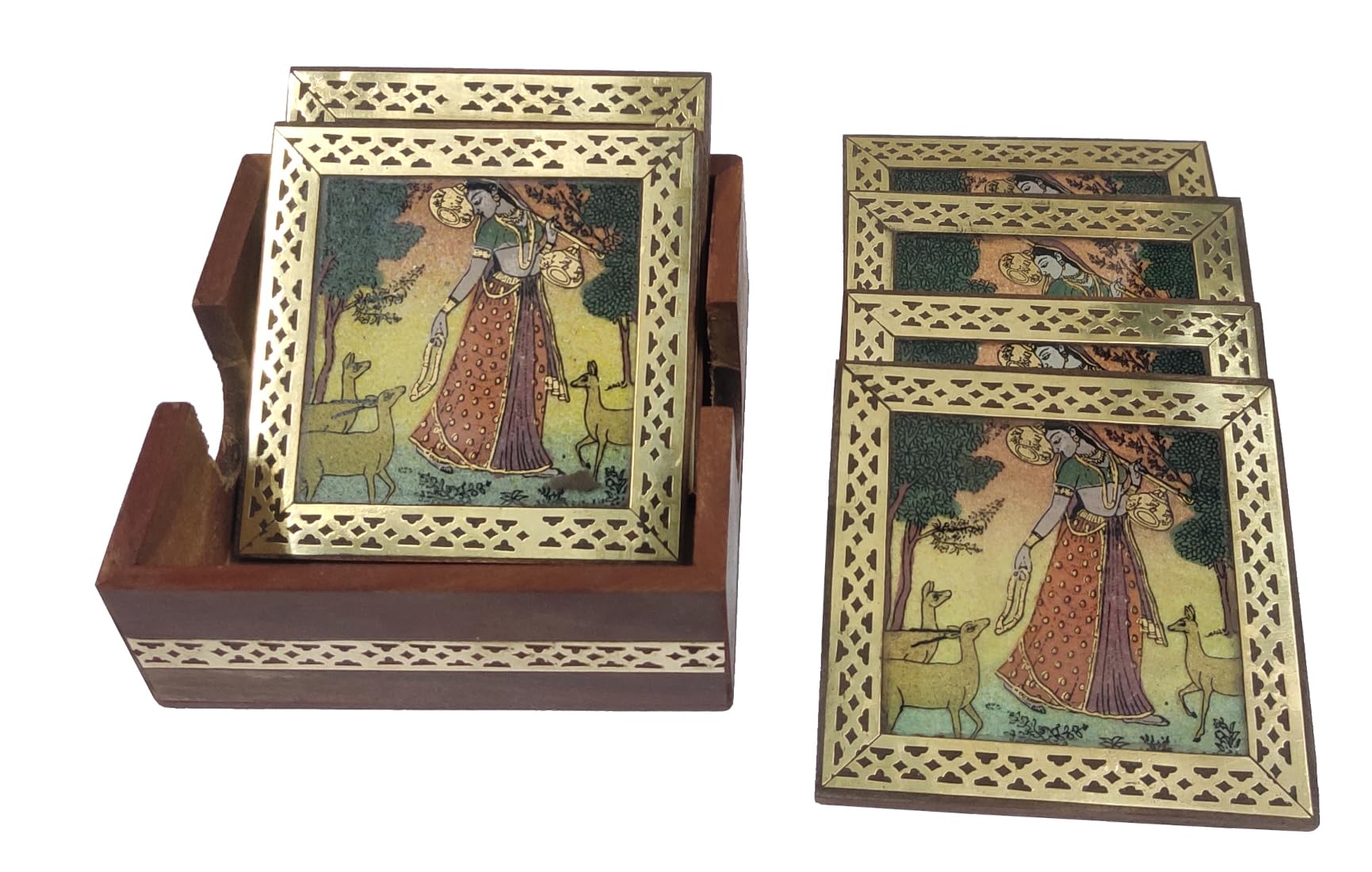 Purpledip Pinewood Gemstone Coasters (Set of 6): Ragini, Indian Rajasthani Belle (10716B) 2