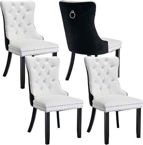 Miniatura 38 de Juego de 4 sillas de comedor de terciopelo, sillas de comedor tapizadas con ribete de cabeza de clavo, patas de madera, anillo de tracción, sillas