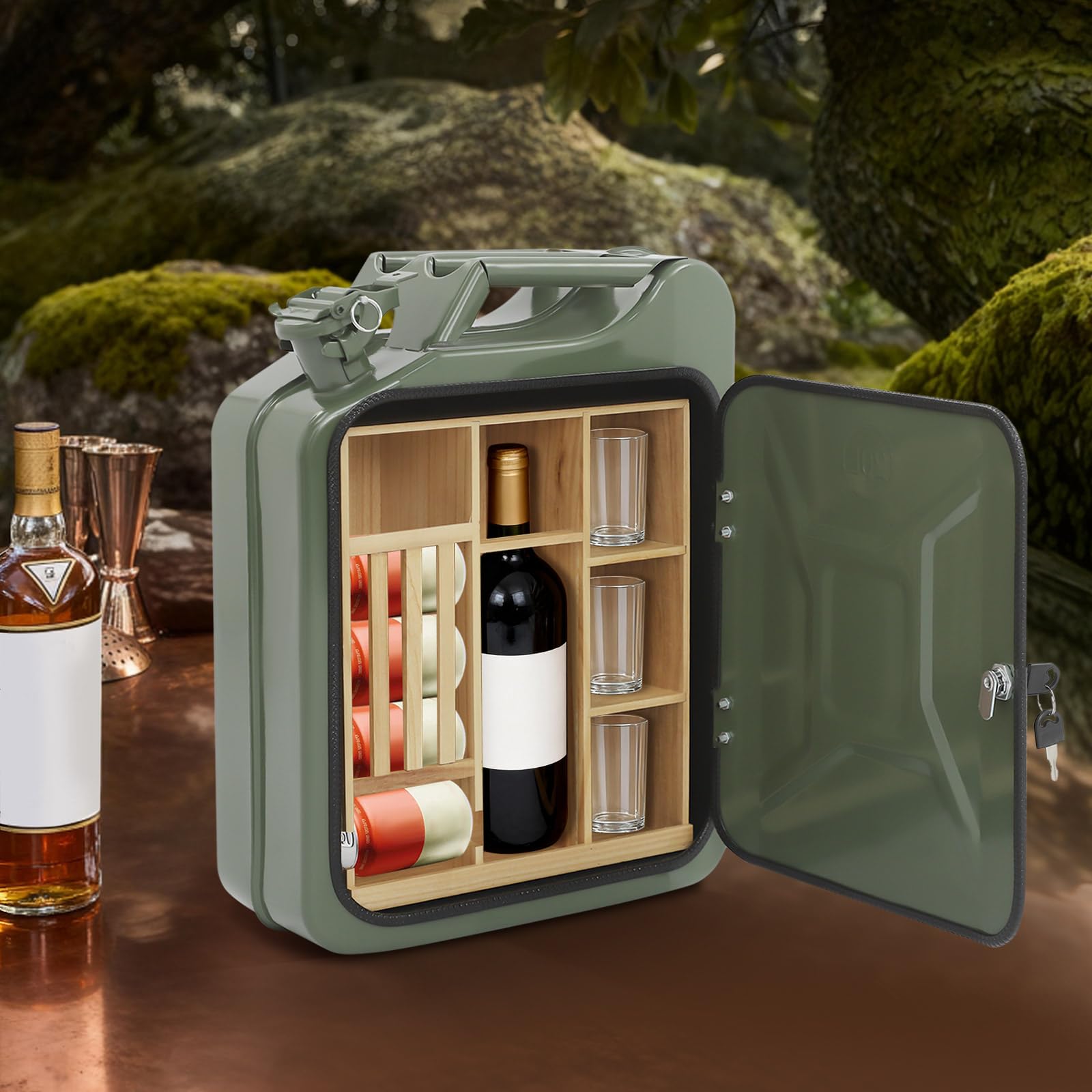 Bidon en métal, mini bar verrouillable avec compartiments en bois, cadeau pour homme, bar mobile, 35 x 15,5 x 47 cm