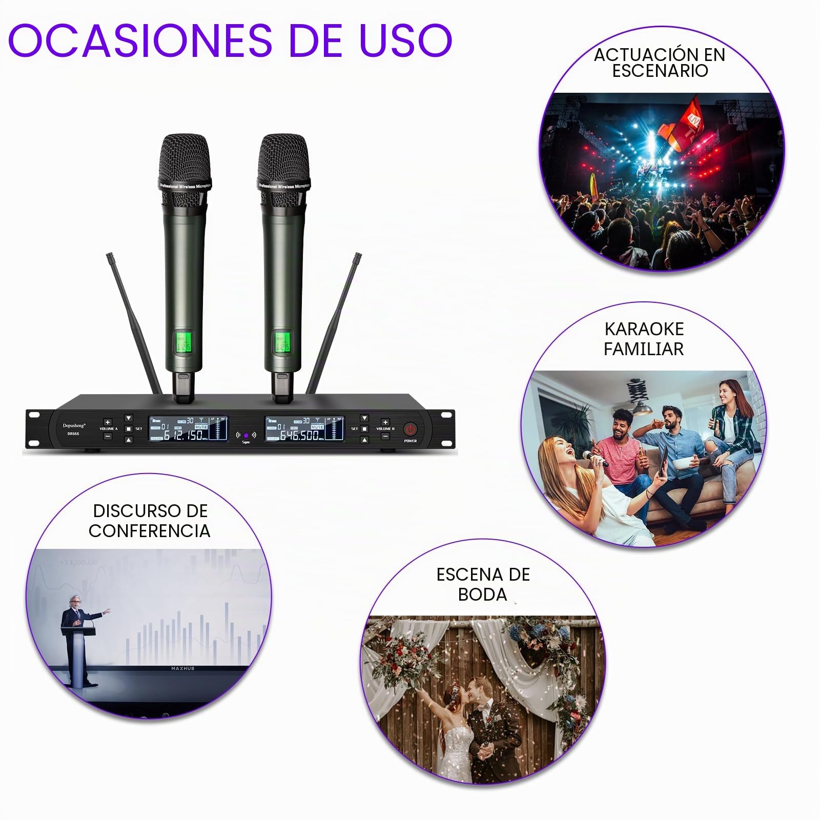 Depusheng DR666 Micrófono inalámbrico Profesional Karaoke 2 micrófono inalámbrico portátil Carcasa de Metal recepción de Larga Distancia 100 Metros dedicado para el Escenario de la Barra