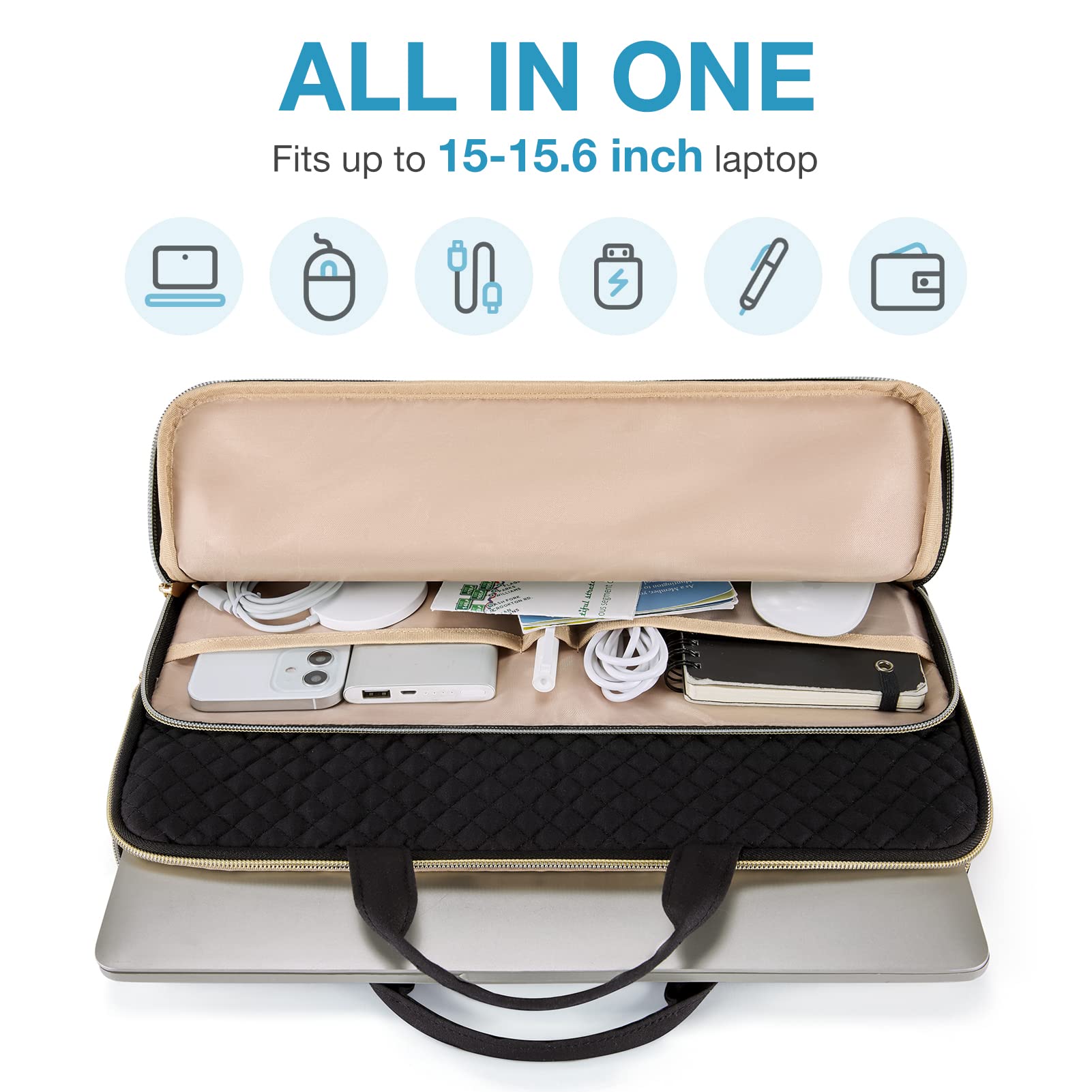 Bagsmart, custodia per laptop da 15,6 pollici, compatibile con MacBook Pro da 16 pollici, HP da 15,6 pollici, Dell, Acer Aspire, Asus Notebook, custodia protettiva con tasca, manico, nero