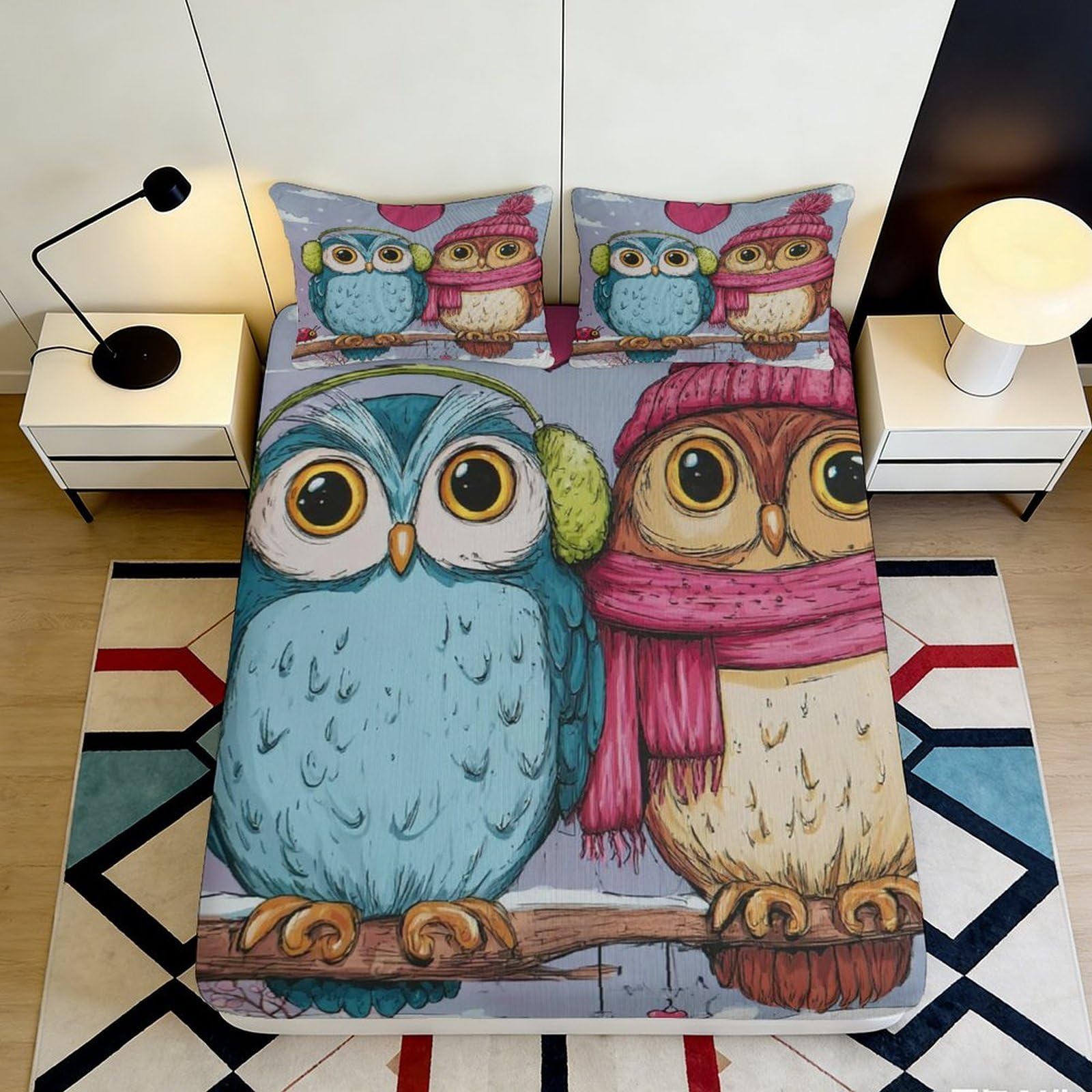 3D Printed Cartoon Owl Fitted Sheet Microfiber Soft Colourful Bird Mattress Cover for Bedroom Dorm Protection Decor 90x200x25cm