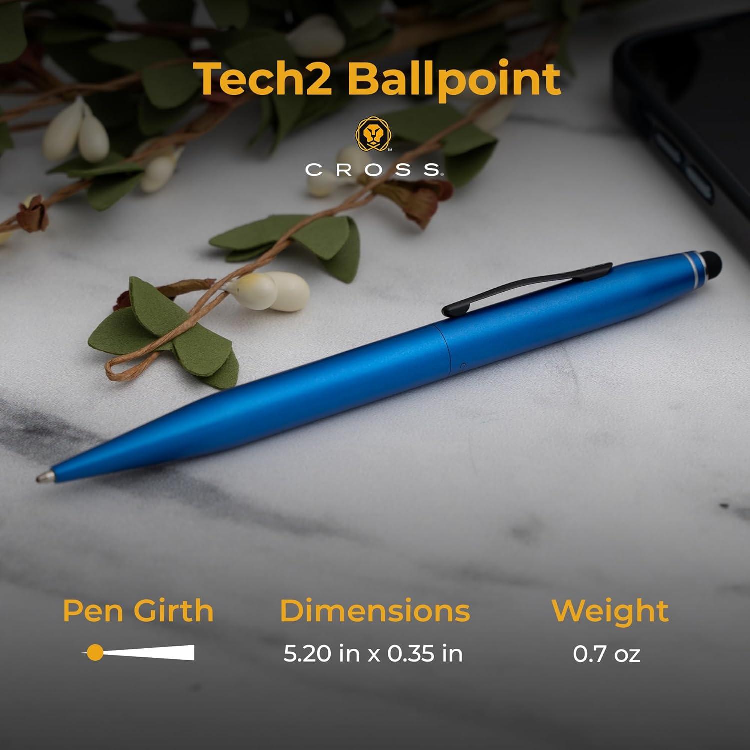 Cross Tech2 Engraved Ballpoint Pen with Stylus Tip, Metallic Blue, Twist Action, Personalized Gift for Graduation, Birthday, Career Advancement, Tech Users, Cross Gift Box Included