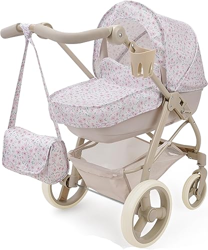 509 Crew Little Flora - Bella - Cochecito de muñeca 2 en 1 - Flor bronceado-rosa, cochecito de juguete convertible, cuna extraíble, mango ajustable,