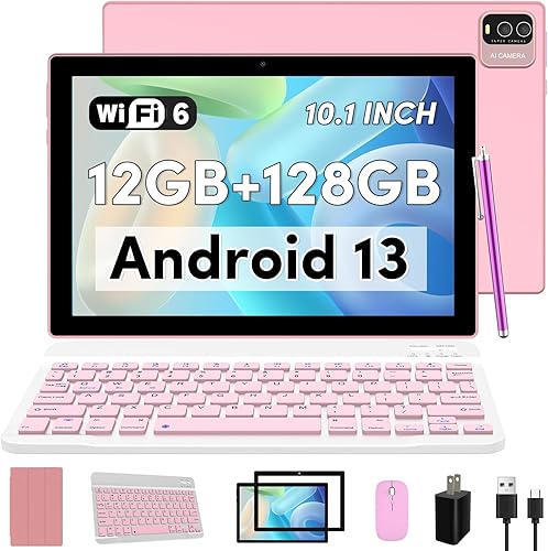 Tableta 2 en 1 de 10 pulgadas, Android 13 con teclado, 12 GB de RAM, 128 GB ROM 1 TB expandibles, pantalla IPS, cámara dual de 2+8 MP, WiFi, BT,