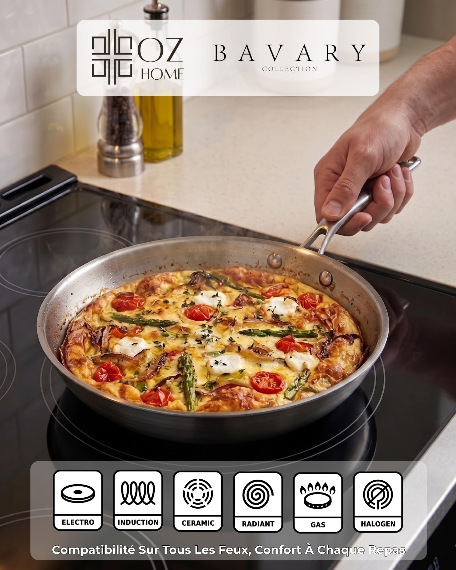 BAVARY Lot De Poele Induction (20-22-24-26-28-30cm) - Poele Inox 18/10 - Poeles Inox Inductions Non Revêtues - Poêles À Frire Pour Gaz Et Tout Feux - Sauteuse inox Lave-Vaisselle Ok - Poêle Induction