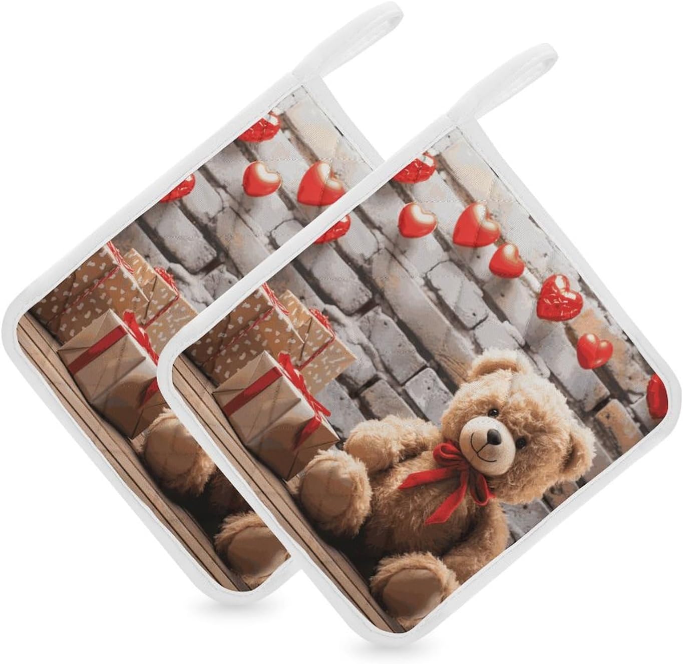 Pot Holder Set of 2 Cute Bear Valentine Gift Printed Potholders for Kitchens Heat Resistant & Non Slip Potholders for Kitchen Cooking Baking BBQ