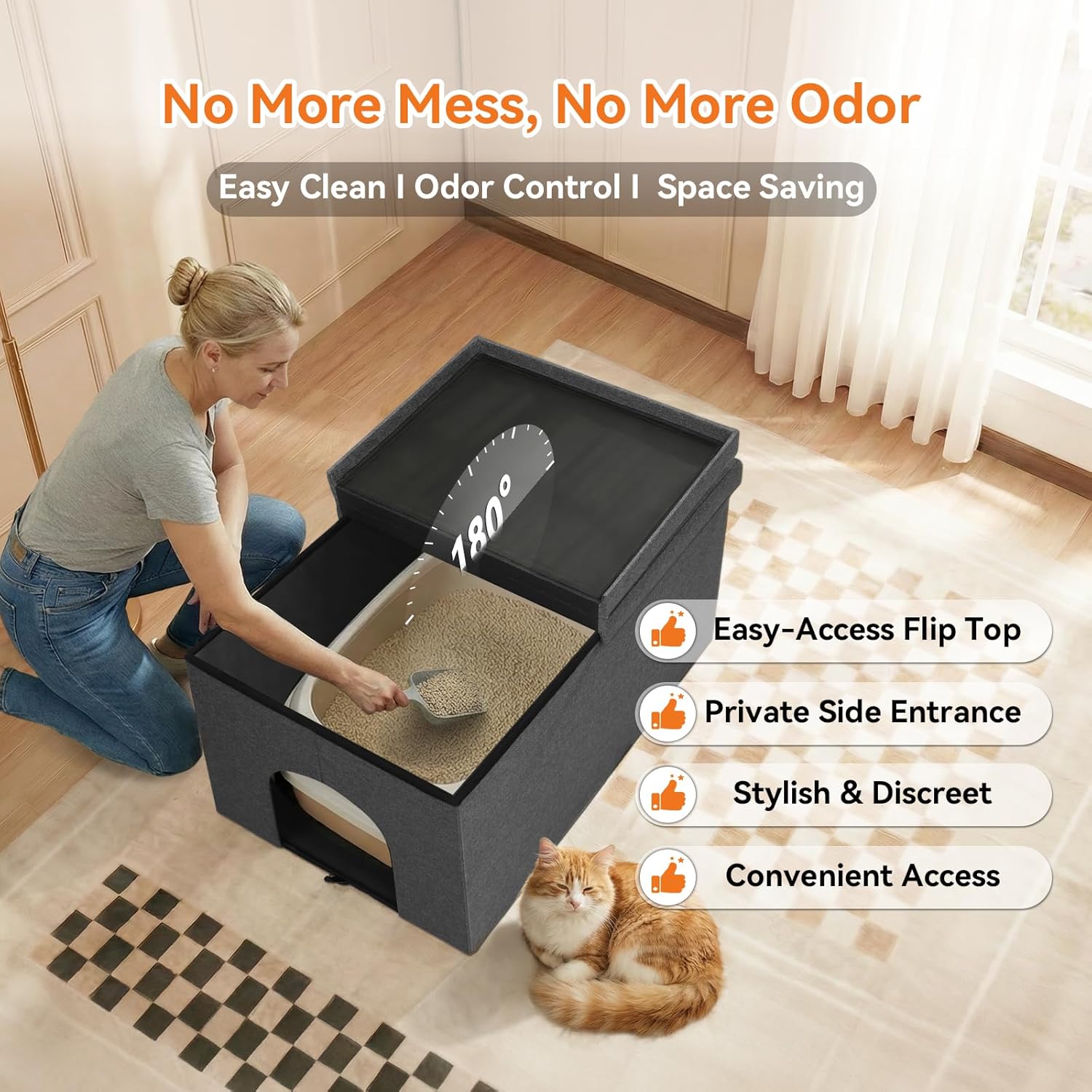 Cat Litter Box Enclosure Furniture for Odor Control, Hidden Cabinet Cat Litter Box Furniture Ottoman with Flip-Up Lid,Cats Litter Box Bench with Storage Space, Dog Proof (Grey, Large)