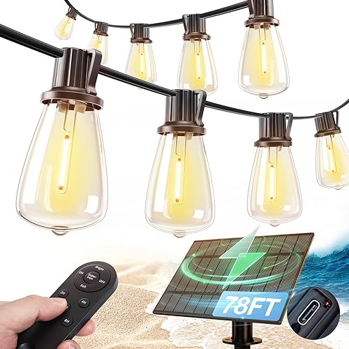 Miniatura 11 de addlon Tira de luces solares de 54 pies (48+6) para exteriores, impermeable, con puerto USB y control remoto, luces solares regulables para patio