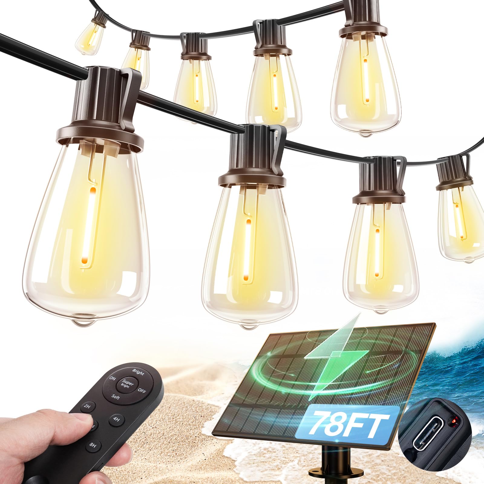 addlon 78FT(72+6) Solar String Lights Outdoor, Waterproof Solar Powered Outside Lights with Remote & USB Port, ST38 LED Shatterproof Bulbs, Dimmable Solar Light for Camping Backyard Porch