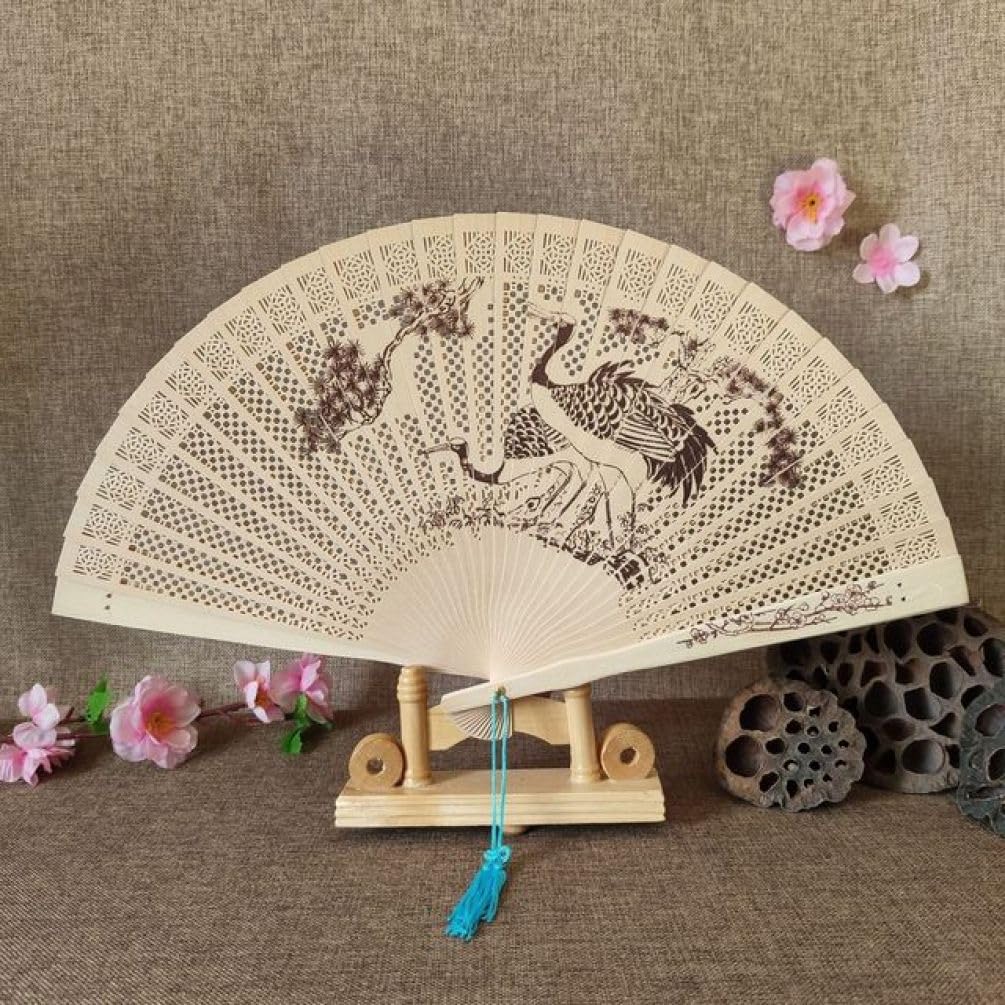 METTEOR Folding Fan Sandalwood Fan Hollowed Out Grass Wood Fan Carving Retro Craft Wood Fan National Style Classical Folding Fan Gift Fan Tea Pot