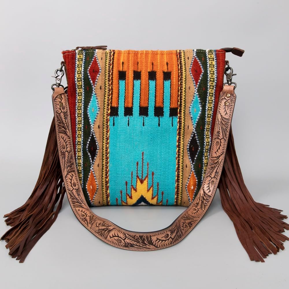American Darling Signature Cross Body Bag Hand Tooled Floral Hand Woven Saddle Blanket Leather Crossbody with Fringes