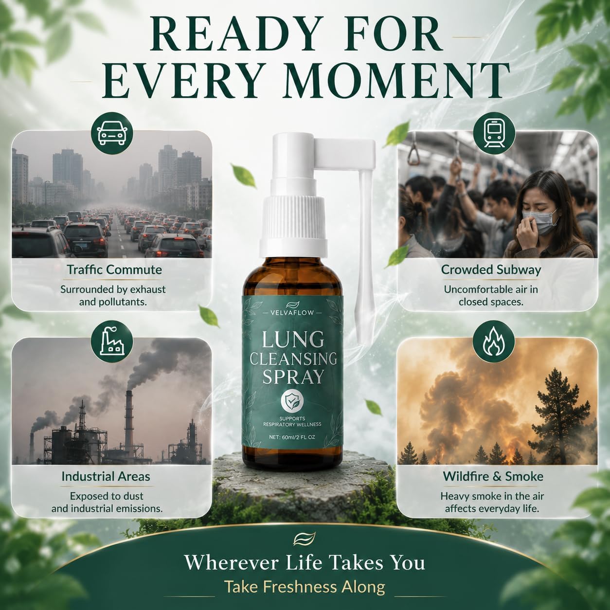 VelvaFlow Lung Cleansing Spray, Respiratory Wellness Support Oral Mist, Convenient Portable Spray for Daily Wellness Routines, 2 Fl Oz (60 mL), 1 Pack
