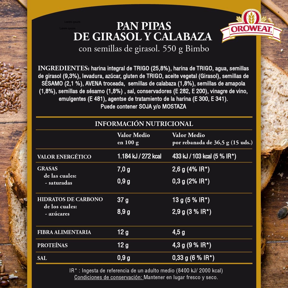 Oroweat - Pan de molde Multicereales con Corteza, Pipas de Calabaza, Girasol y Semillas de Amapola 15 rebanadas, 550g