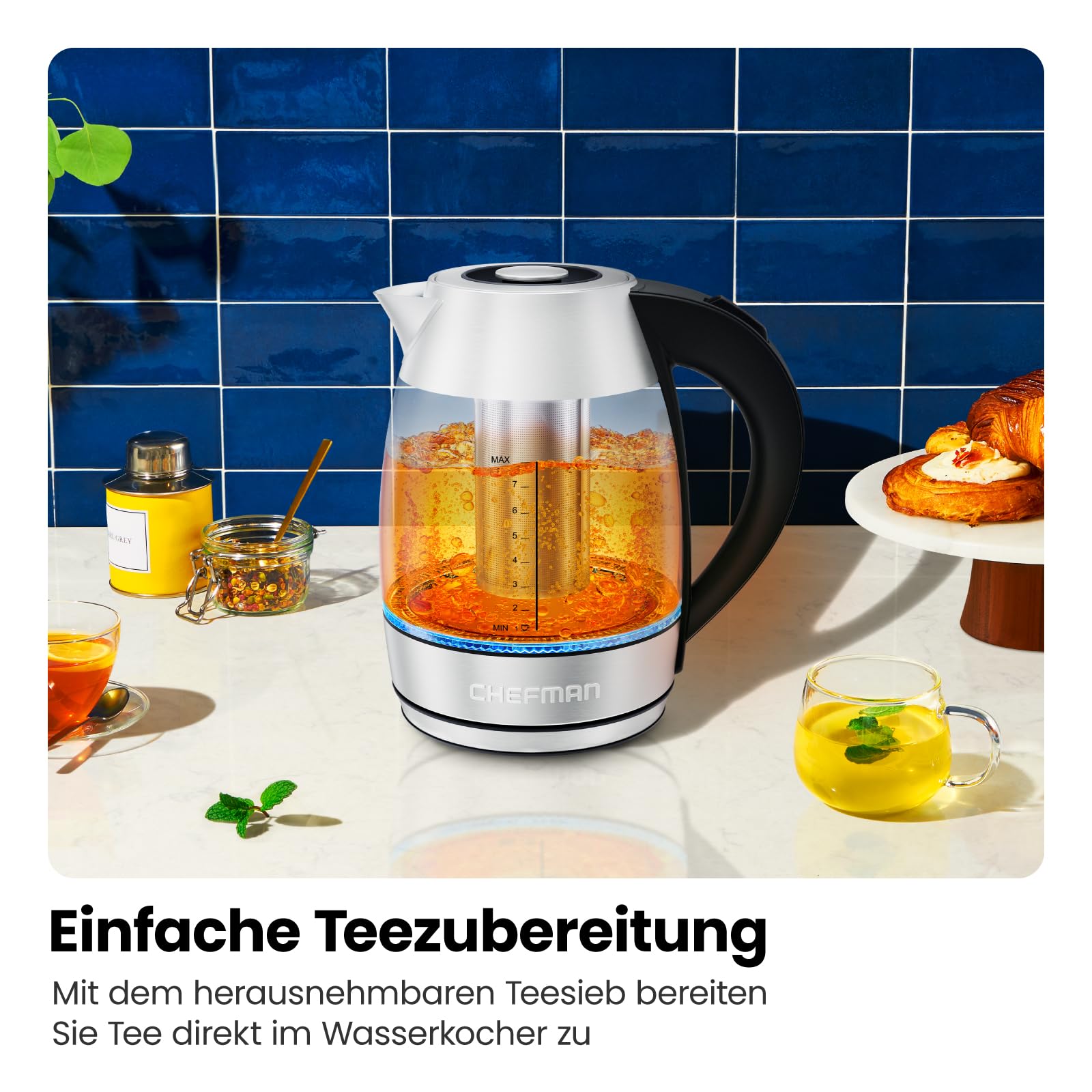Chefman Elektrische waterkoker van glas met theezeef, 1,8 liter, led-display, afneembaar deksel voor eenvoudig reinigen, automatische uitschakeling en uitdroging, BPA-vrij, 2200 watt, roestvrij staal Chefman Elektrische waterkoker van glas met theezeef, 1,8 liter, led-display, afneembaar deksel voor eenvoudig reinigen, automatische uitschakeling en uitdroging, BPA-vrij, 2200 watt, roestvrij staal