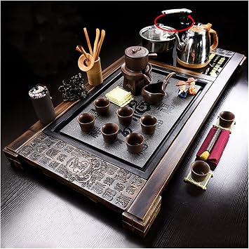 Tea Set,Tea Serving Tray Kung Fu Tea Set with Wood Automatic Kung Fu Tea Set,Solid Wood Tea Tray,Drainage Water Storage Chinese Kung Fu Tea Set Drawer Tea Table Ceremony Tools Style