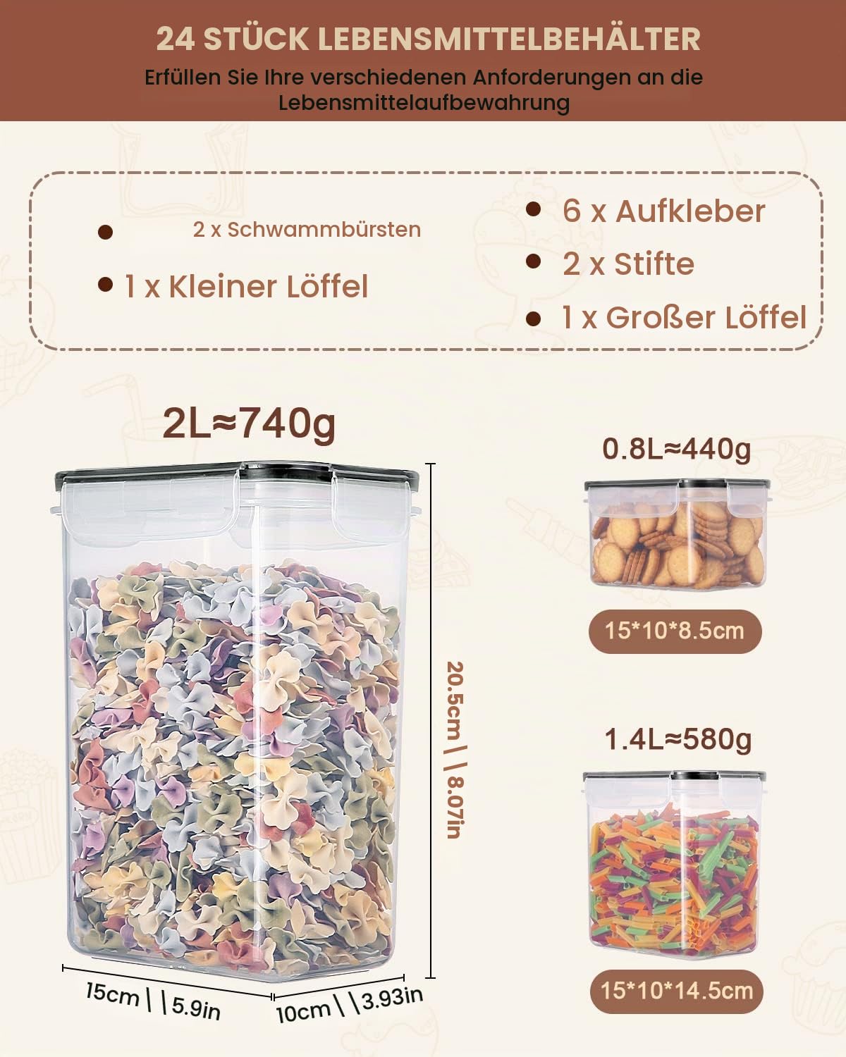 heuchaey Vorratsdosen 24 Set mit Deckel,Aufbewahrungsbox Küche aus Plastik mit Aufkleber,Pinsel und Löffel,Frischhaltedosen Behälter für Getreide,Mehl,Nudeln,BPA-frei