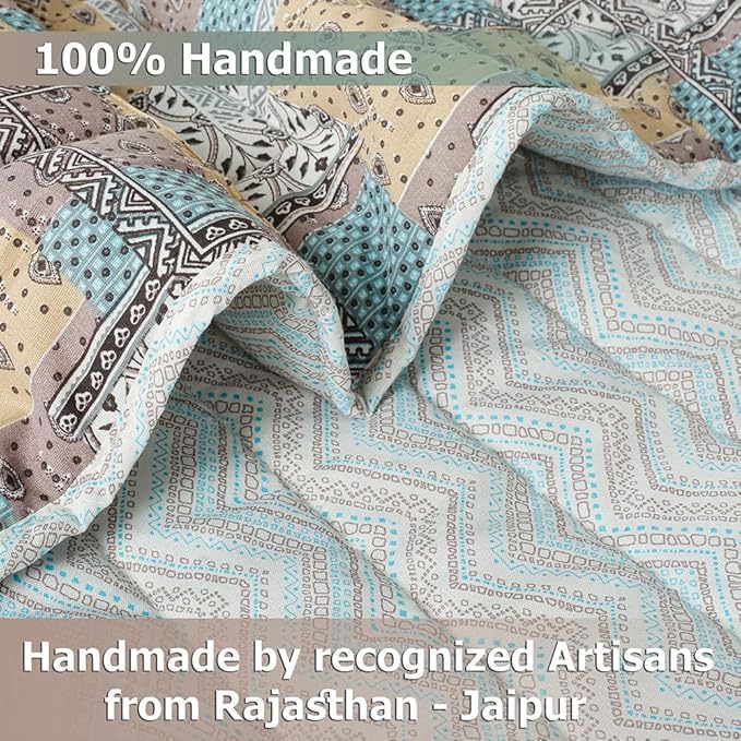 Image of SANMARINO Jaipuri Razai Single Bed Reversible Cotton Quilt | Traditional Ethnic Floral Print Dohar | Lightweight AC Comforter with Pure Cotton Filling | All-Season Blanket (Earthy Pastel Patchwork)