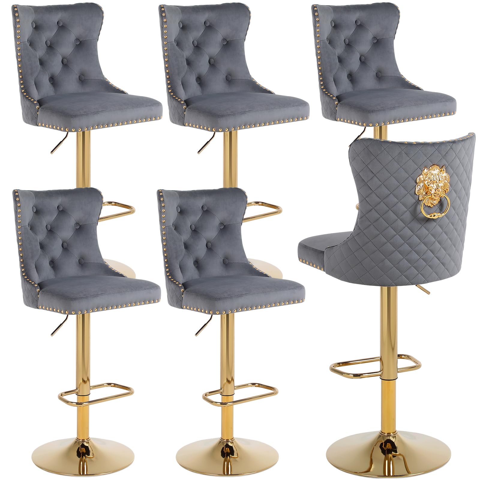 Chummaven Gold Bar Stools Set of 6, Modern Adjustable Swivel Counter Stools with Lion Pull Ring, Velvet Tufted Barstools Upholstered Bar Height Chairs