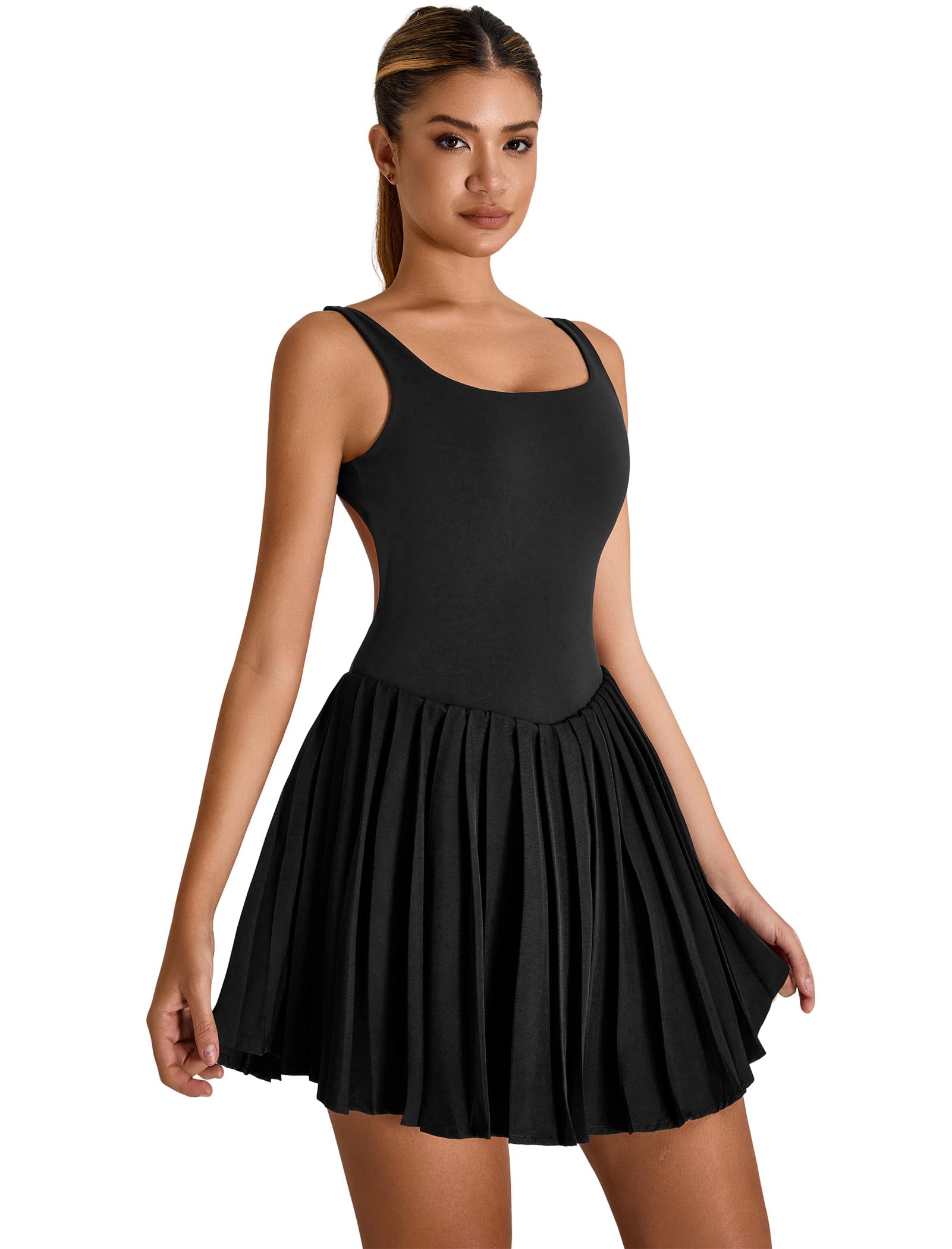 AGYMNX Robe de tennis pour femme avec short et soutien-gorge intégré, ligne A, sans manches, encolure carrée, tenue d'entraînement d'été