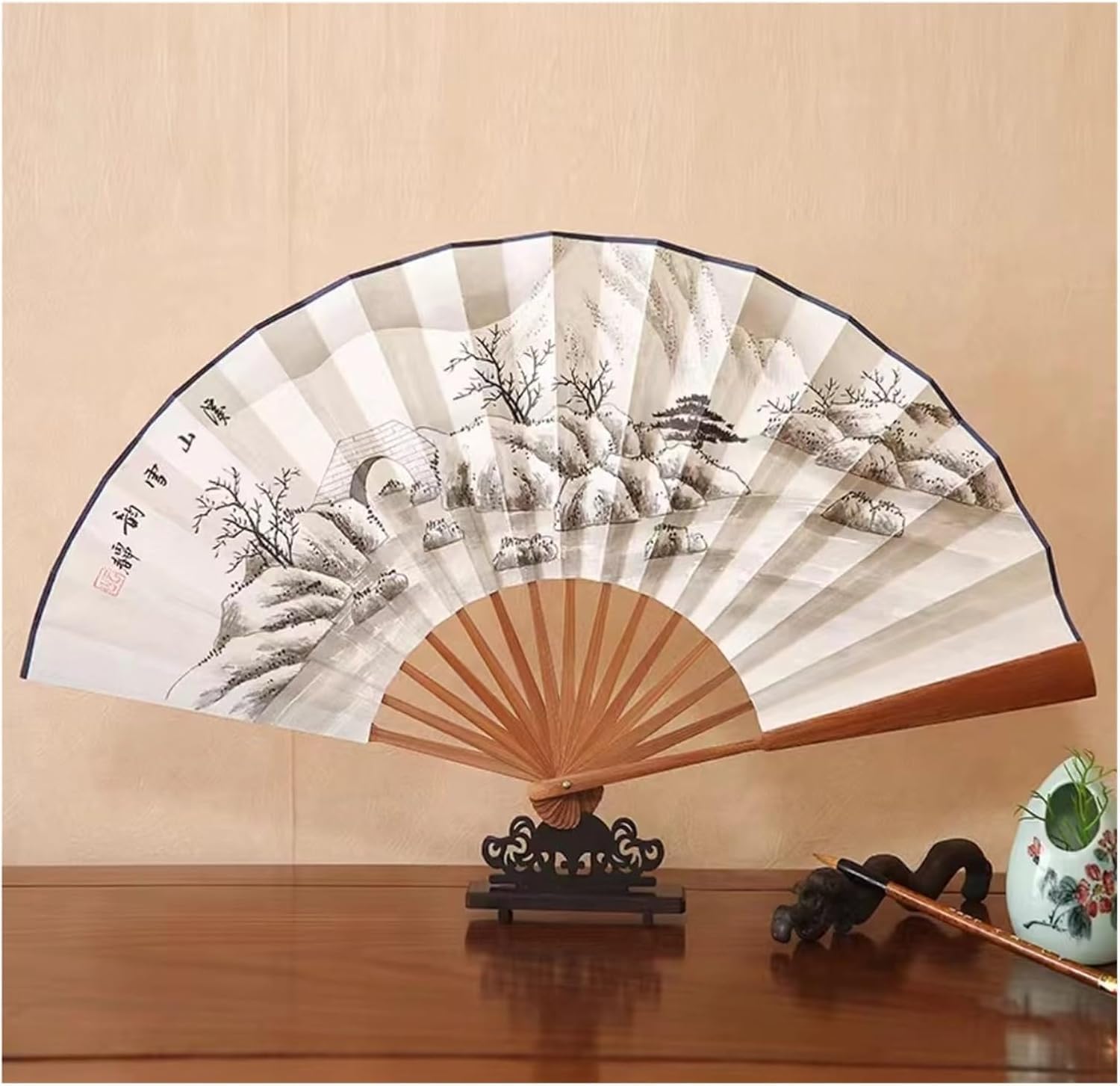 Collectible Folding Fan Unique Art Piece Cultural Fan Lightweight Portable Fan Hand-Painted Xuan Paper Fan, Includes Elegant Storage Bag, Perfect for Daily Use, and Decor 33.3CM