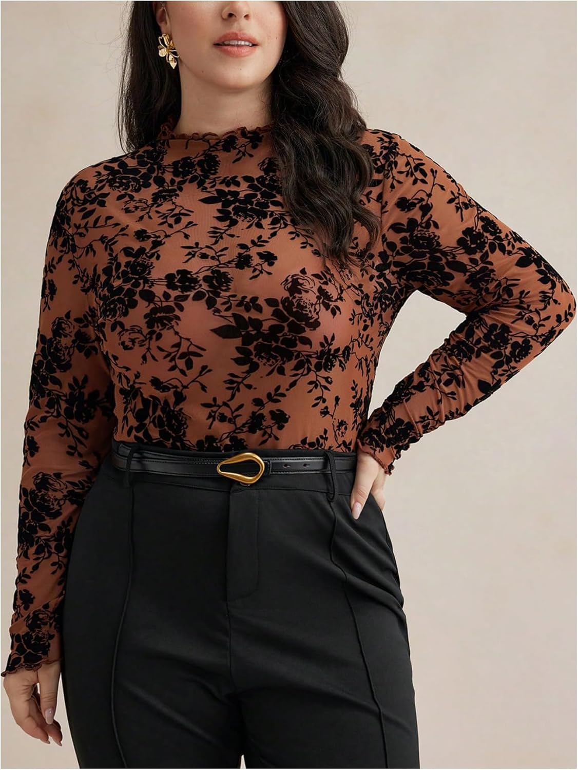 WDIRARA Women's Plus Size Floral Jacquard See Through Mesh Top Lace Mock Neck Long Sleeve Shirts - Image 4