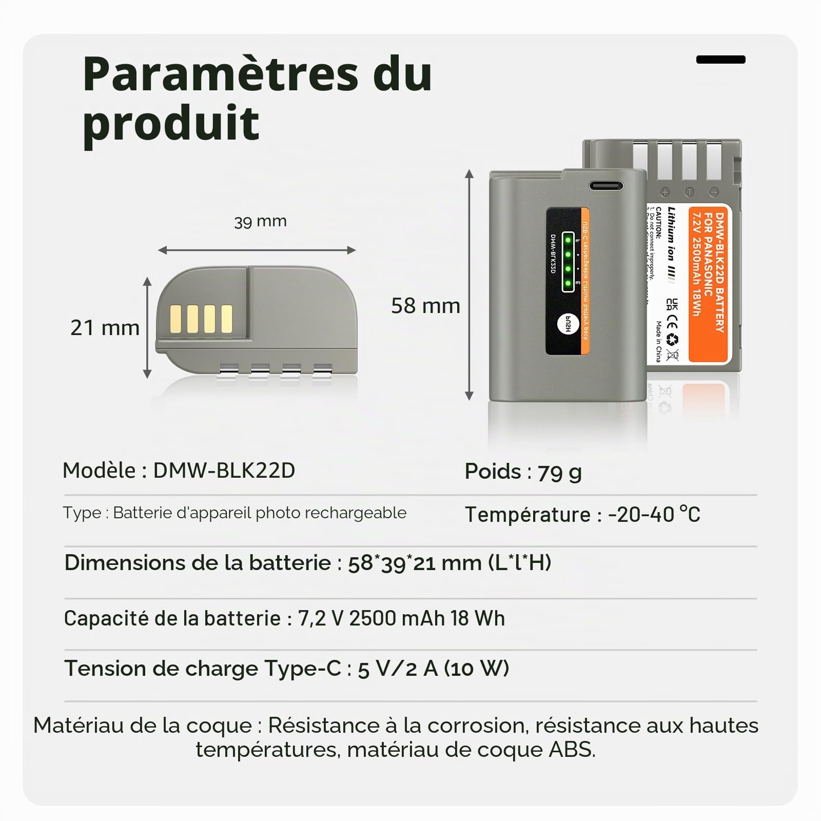 CITYORK DMW-BLK22D Lot de 2 batteries de rechange USB-C 2500 mAh pour Panasonic Lumix DC-S5 DC-G9 DC-GH5 DC-GH5 II DC-GH5S DC-GH6