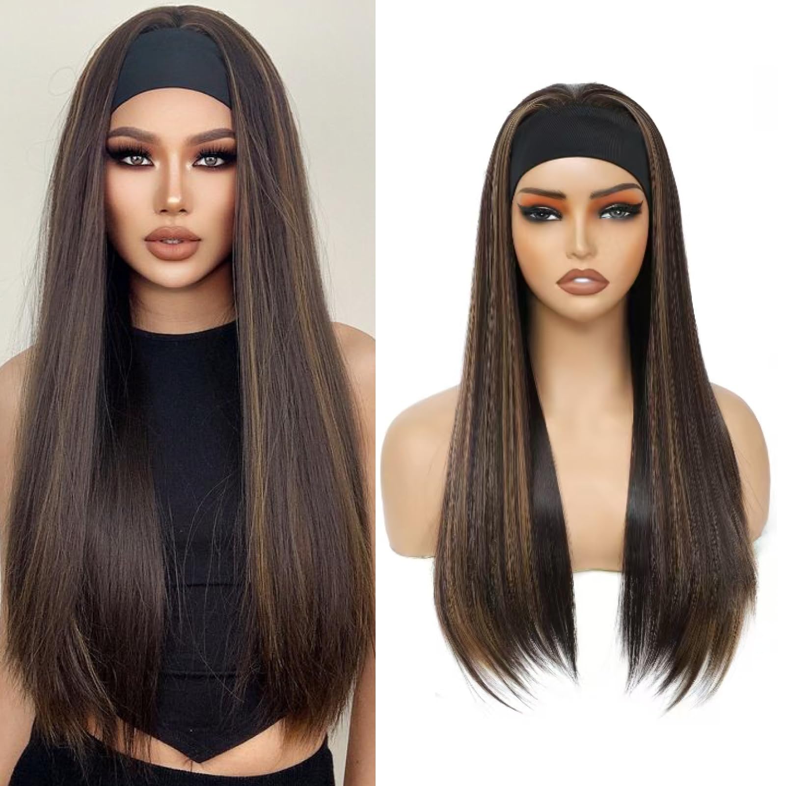 Yacurcur Headband Wigs Silky Straight Hair Glueless Headband Wig None Lace Front Hair Headband Wig Synthetic Straight for Women 150% Density Brown with Highlight Color 28 Inch