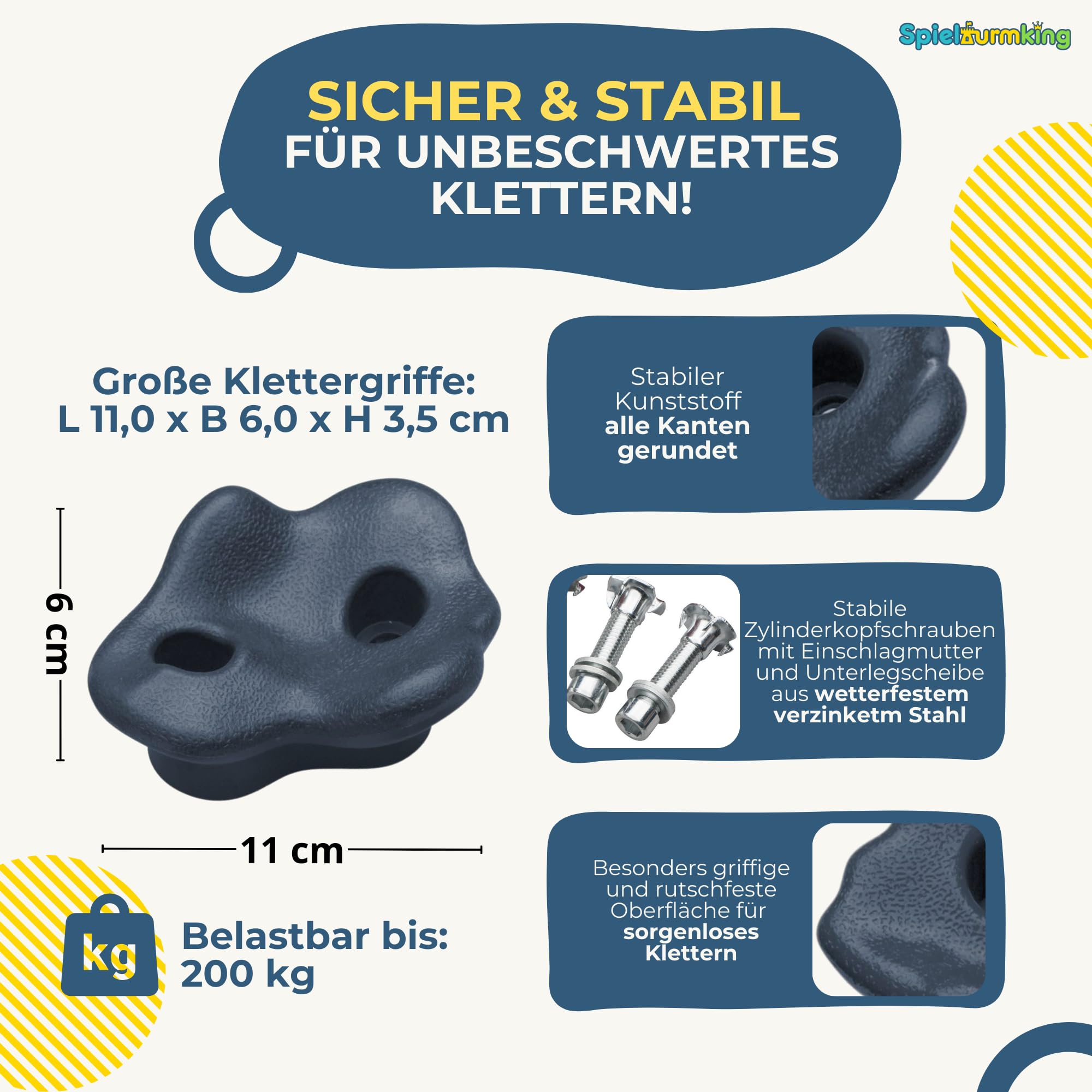 Klettergriffe Kinder Set: 5 Klettersteine Kinder in Grau | 2 Haltegriffe, Kletterwand Zubehör, Klettersteine Grau für Indoor & Outdoor Kletterspaß & Spielturm Zubehör