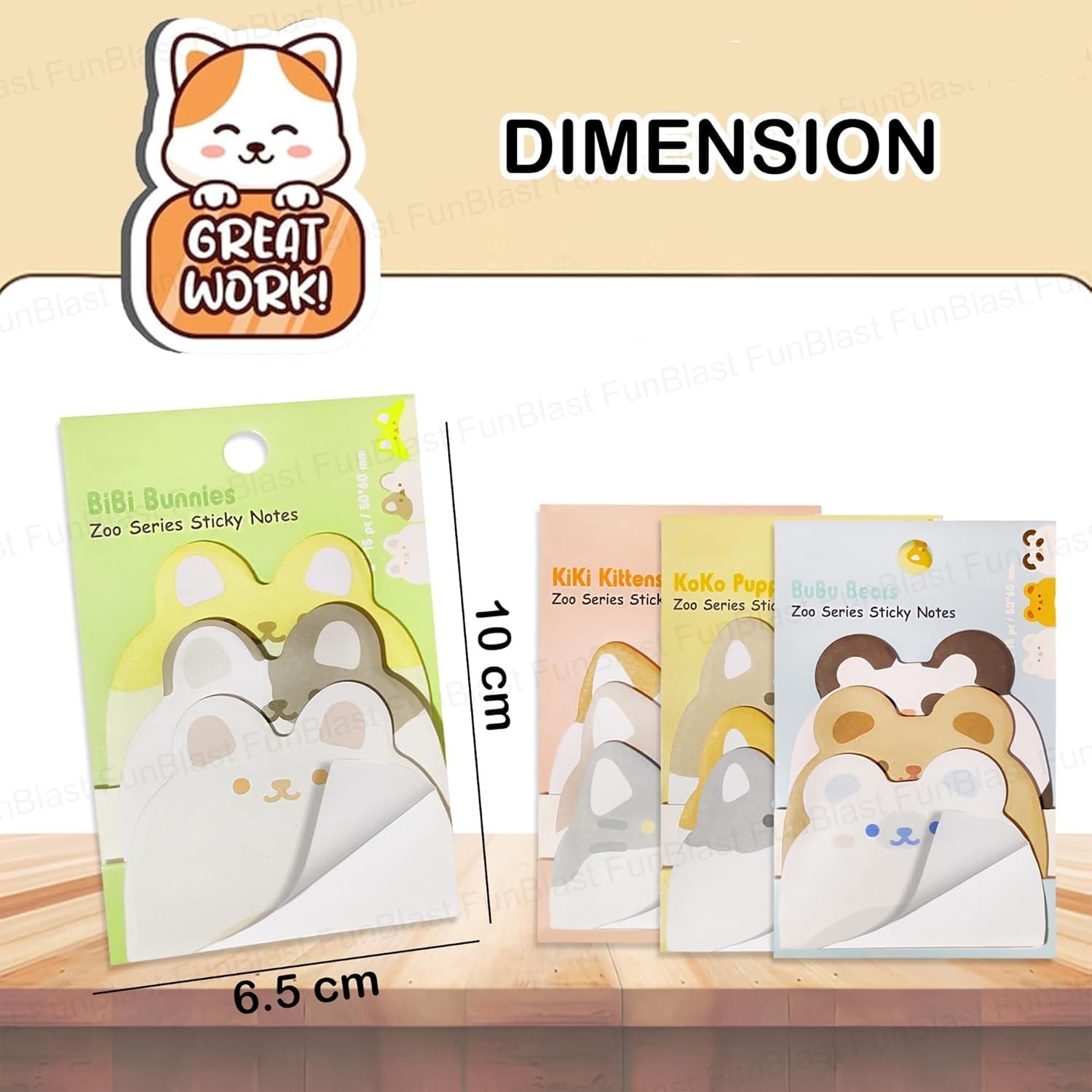 KmCho Zoo Character Sticky Note Pads - Self-Stick Notes for Study, School & Office Use - Colourful Memo Pads for Students & Kids 180 Sheets - Multicolour (Set of 4) 3