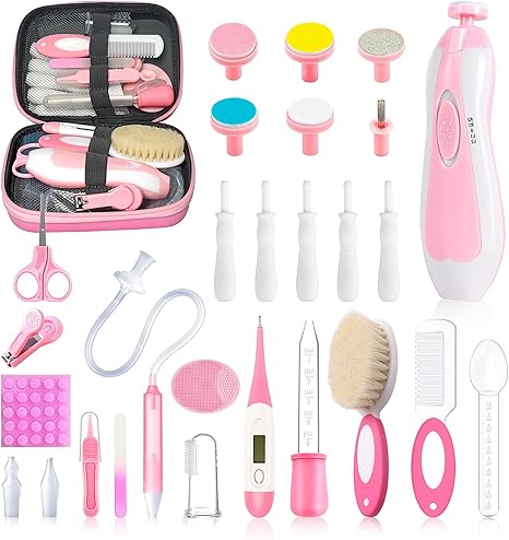 28 in 1 Baby Healthcare and Grooming Kit, Infant Baby Nursery Kit Electric Nail Trimmer Set with Gas Colic Passer Nasal Aspirator Nail Clipper Hair Brush Comb for Newborn Girls Boys (Pink)