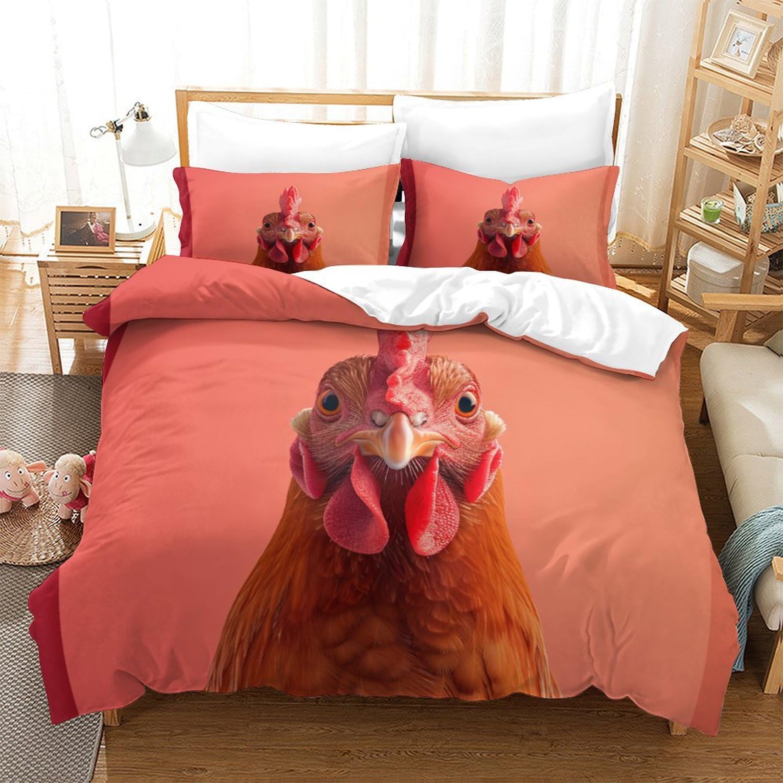 P1s9u7w5y Gallic Rooster-4 3D Printed Farm Animal Hen 3Pcs Microfiber Chicken Bedroom Duvet Cover Set Bird Bedding Set King（220X240cm）
