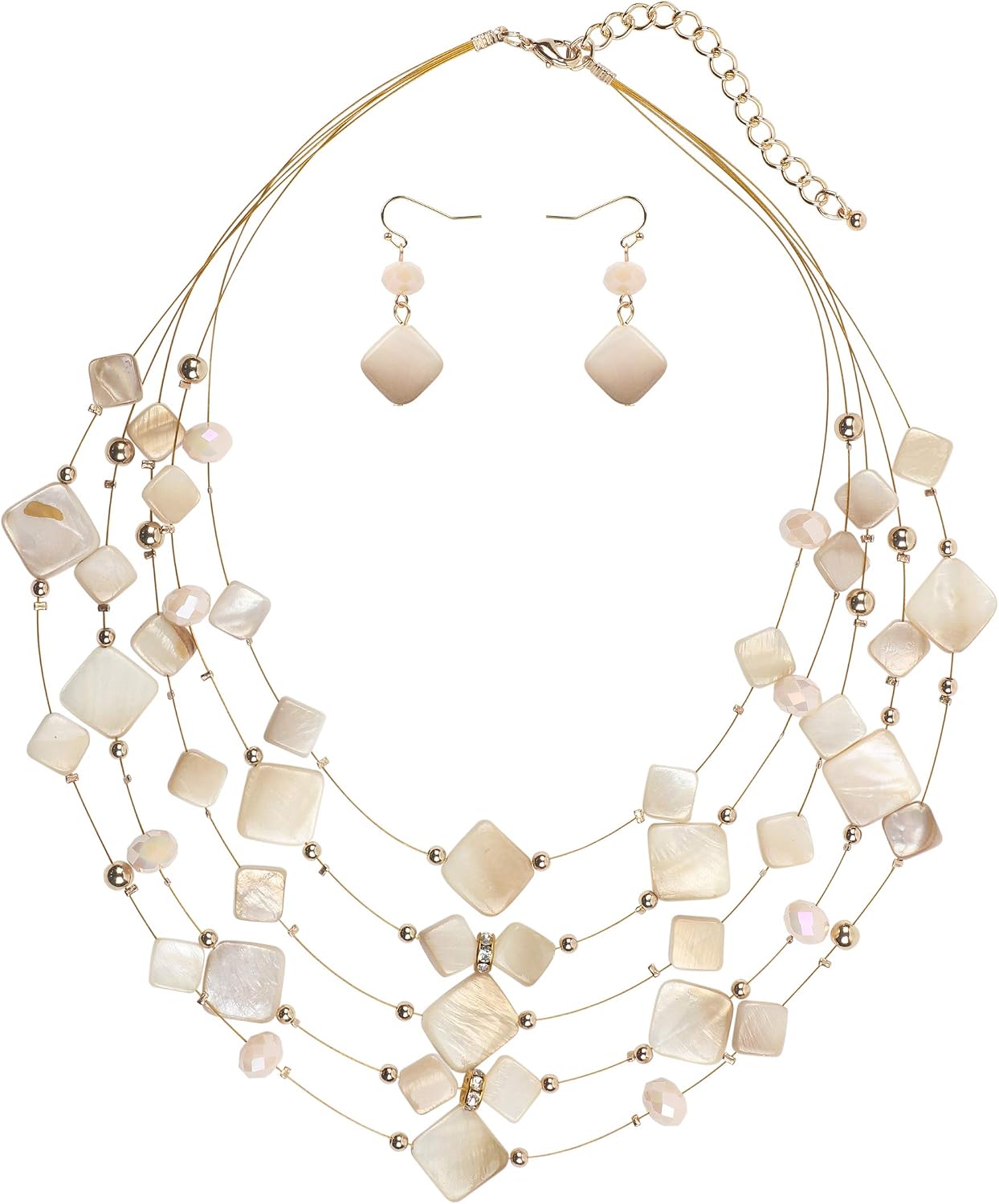Coiris 5 Layer Illusion Wire Gradient Color Shell Beaded Statement Necklace for Women