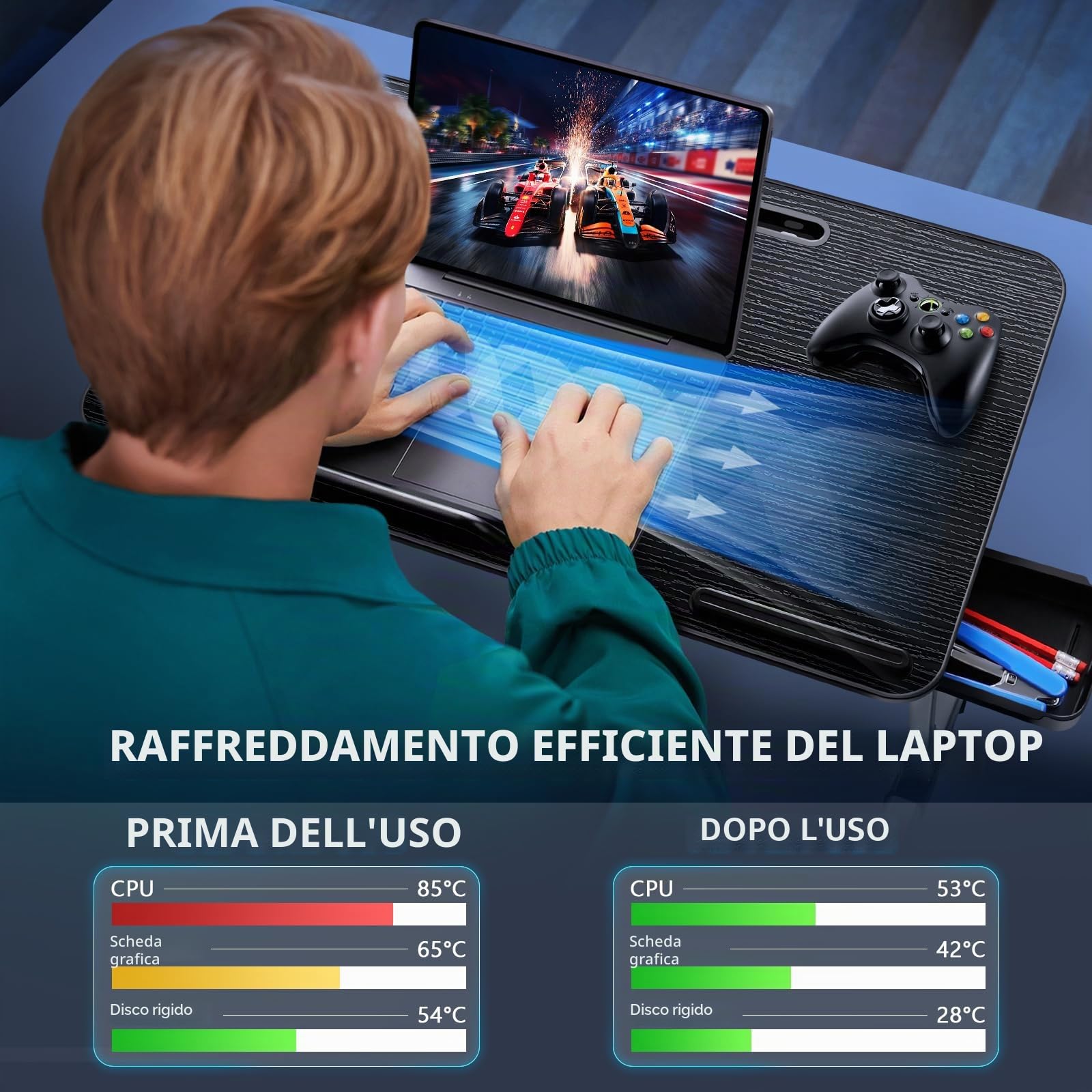 ICARE Tavolino da Letto, Regolabile in Altezza und Angolo, Scrivania da Letto con Ventola PC, Supporto per Tablet, Cassettiera, Tavolo per Letto, Divano, Pavimento (60 x 34 cm, Nero)