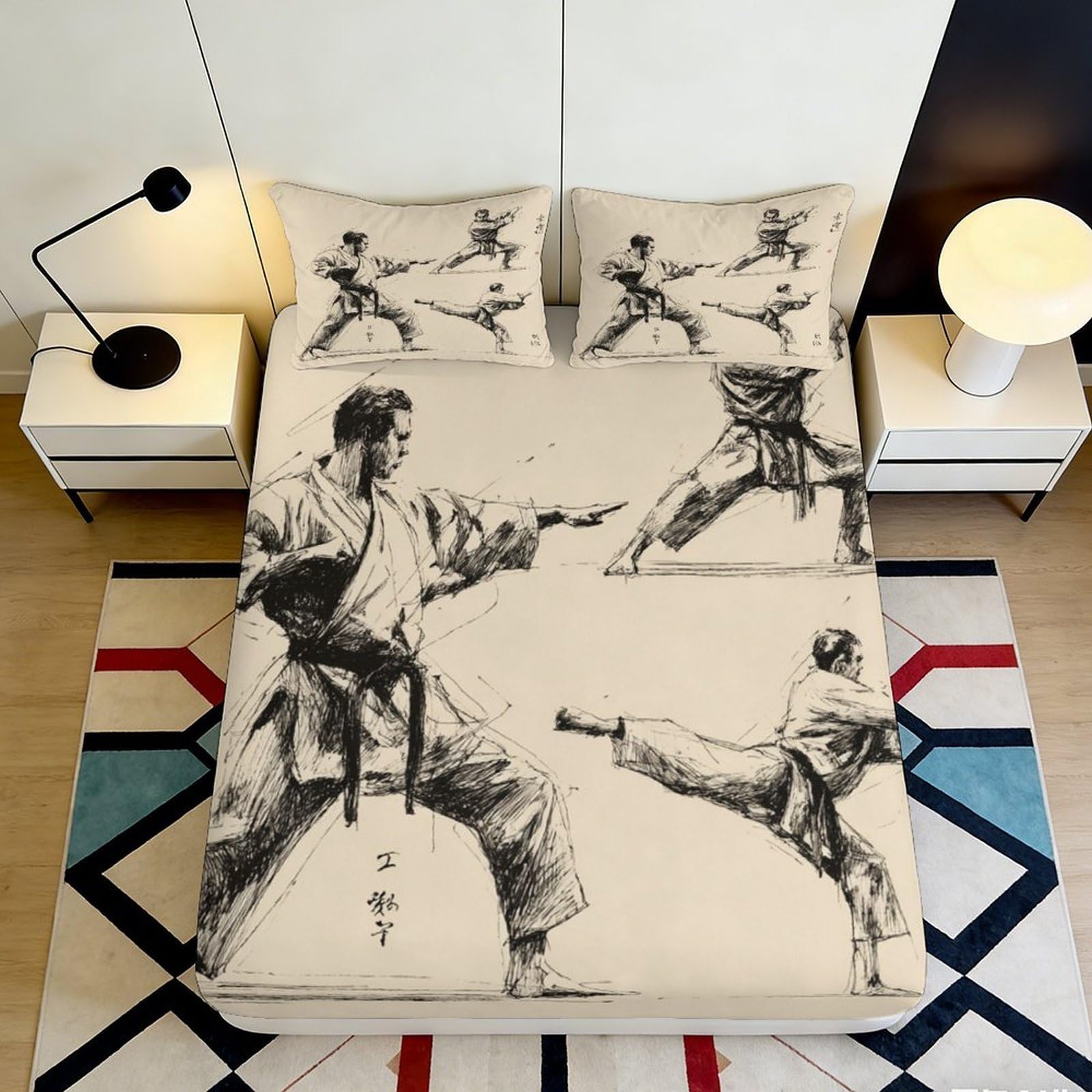 3D Printed Karate Fighter Fitted Sheet Microfiber Soft Breathable Martial Arts Bed Cover Bedroom Decor Protection 90x200x25cm