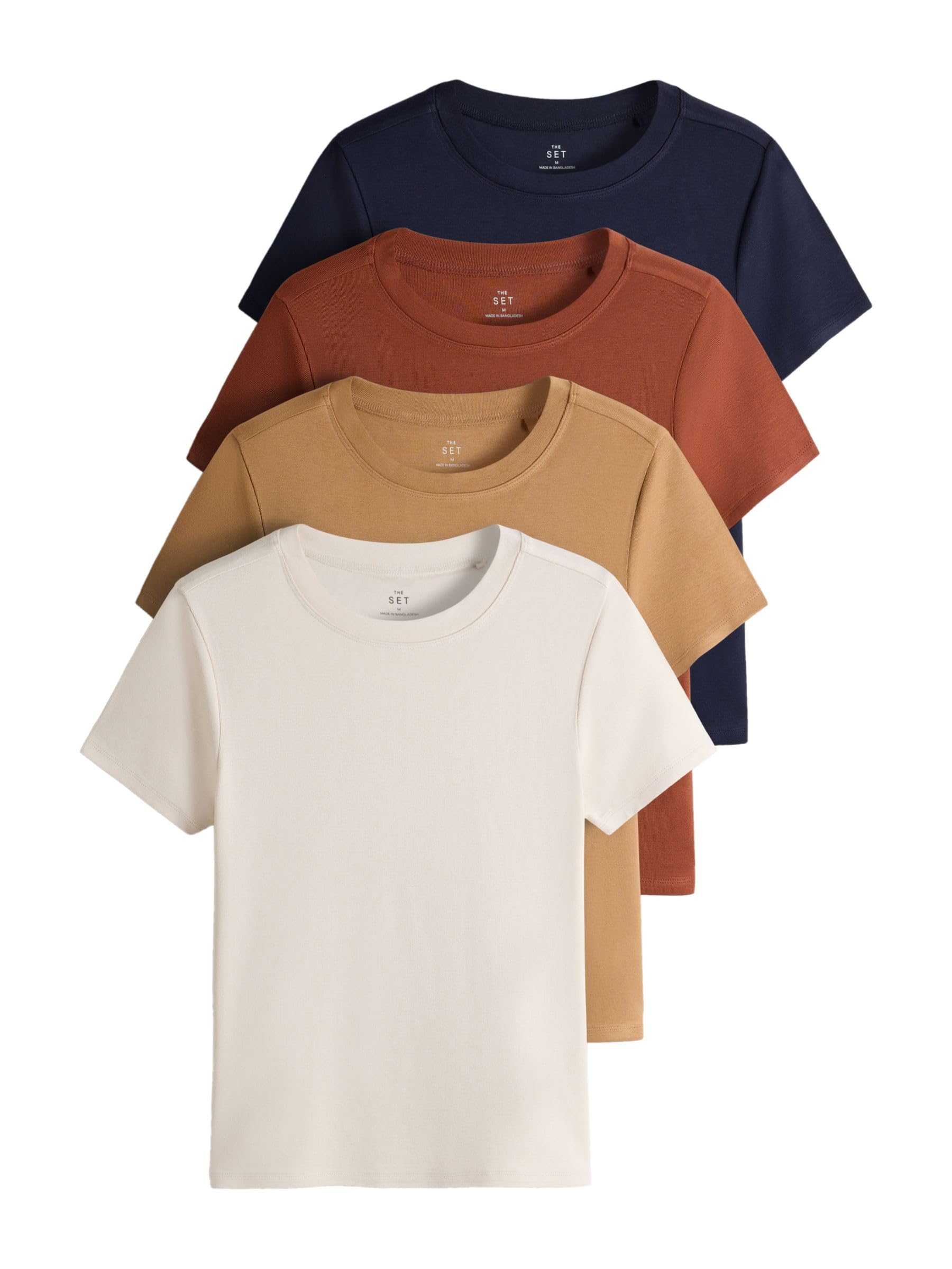 THE SET Donne Confezione da 4 T-Shirt Svasate a Coste con vestibilità Attillata