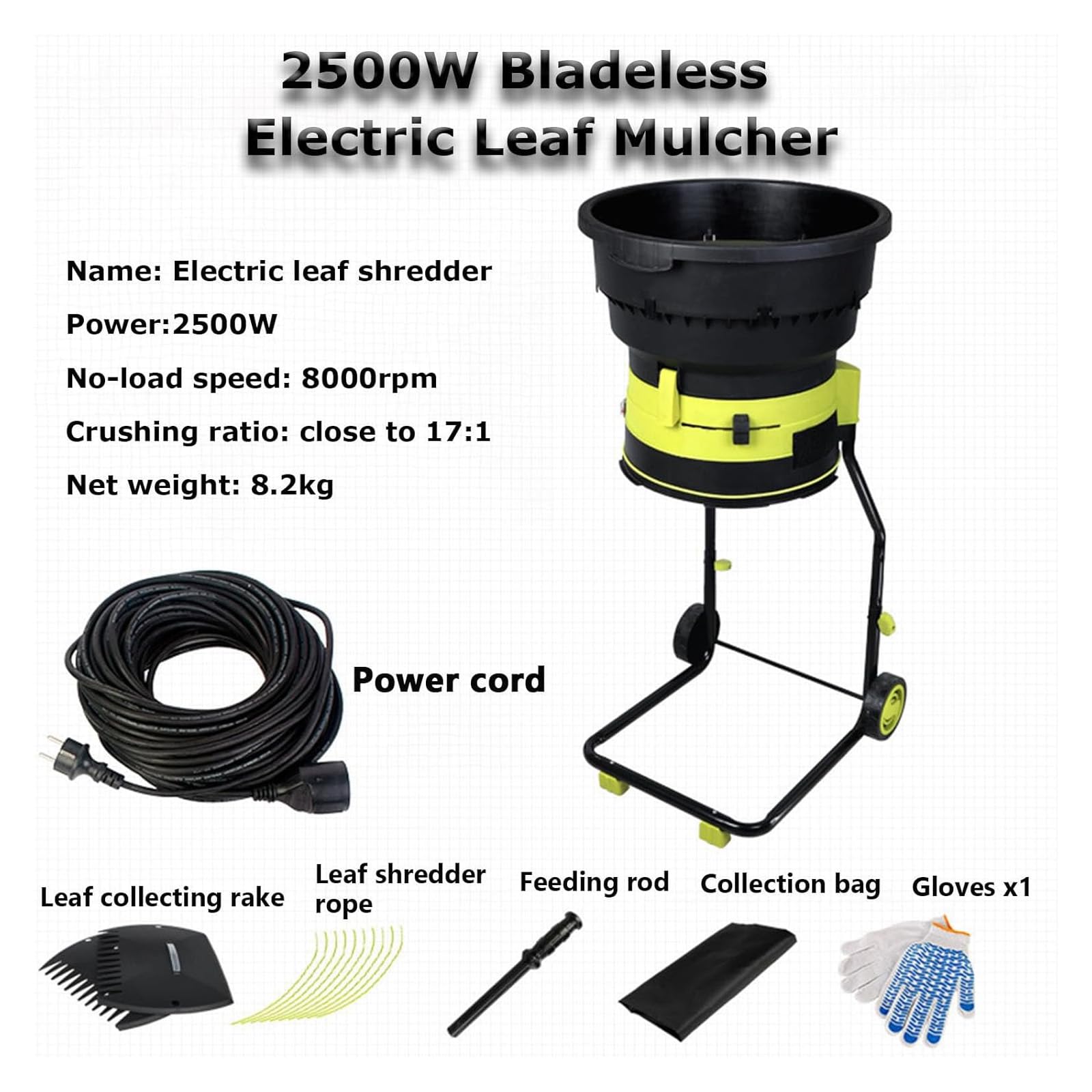 Trituratore elettrico senza lama con ruote e borsa di stoccaggio, 2500 W, 8000 giri/min, per la pulizia del giardino e il compostaggio