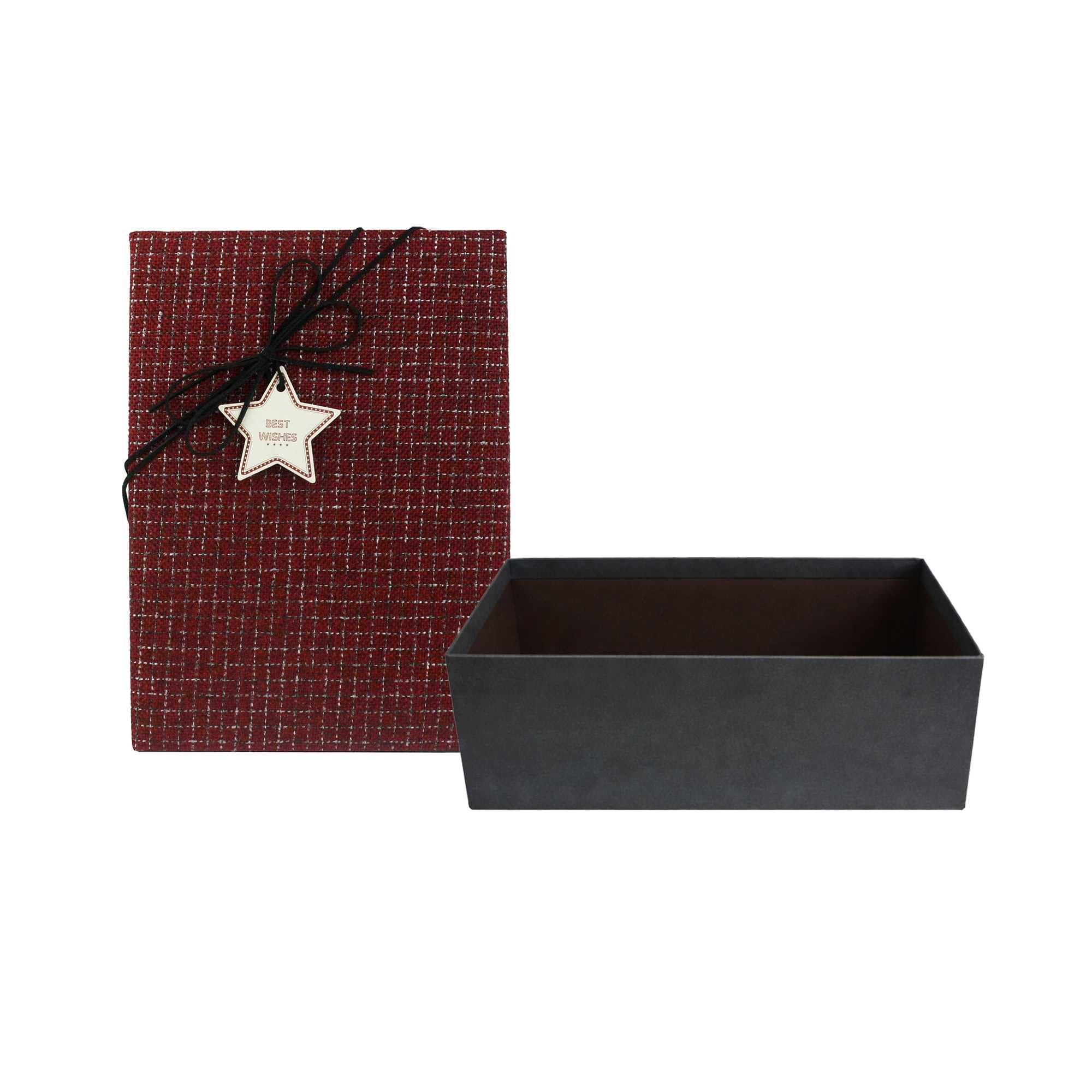 Emartbuy Textured Fabric Black/Red Rigid Gift Box with Ribbon – 31 x 21 x 15 cm – Luxury Cardboard Presentation Box | Premium Packaging for Hampers, Birthdays, Weddings, Corporate Gifting
