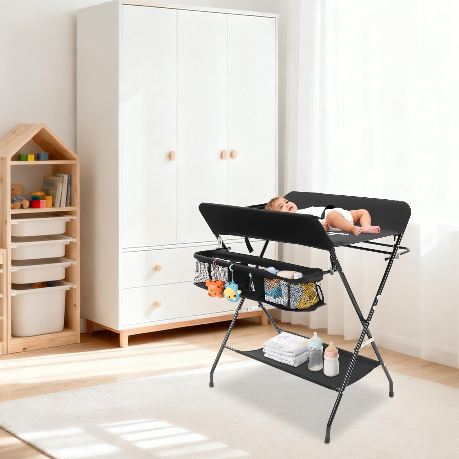 Cambiador de pañales, cambiador plegable negro, estación de cambio portátil, altura ajustable, adecuada para cambiar pañales, secar ropa y almacenamiento